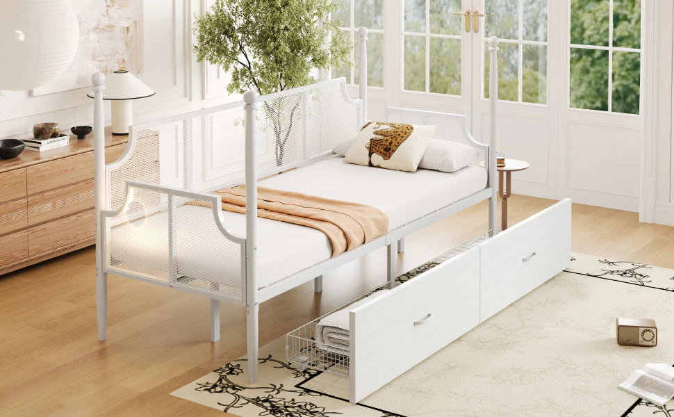 Iron Sofa Bed, 90x200 Vintage Mesh with Storage, White - Image 5