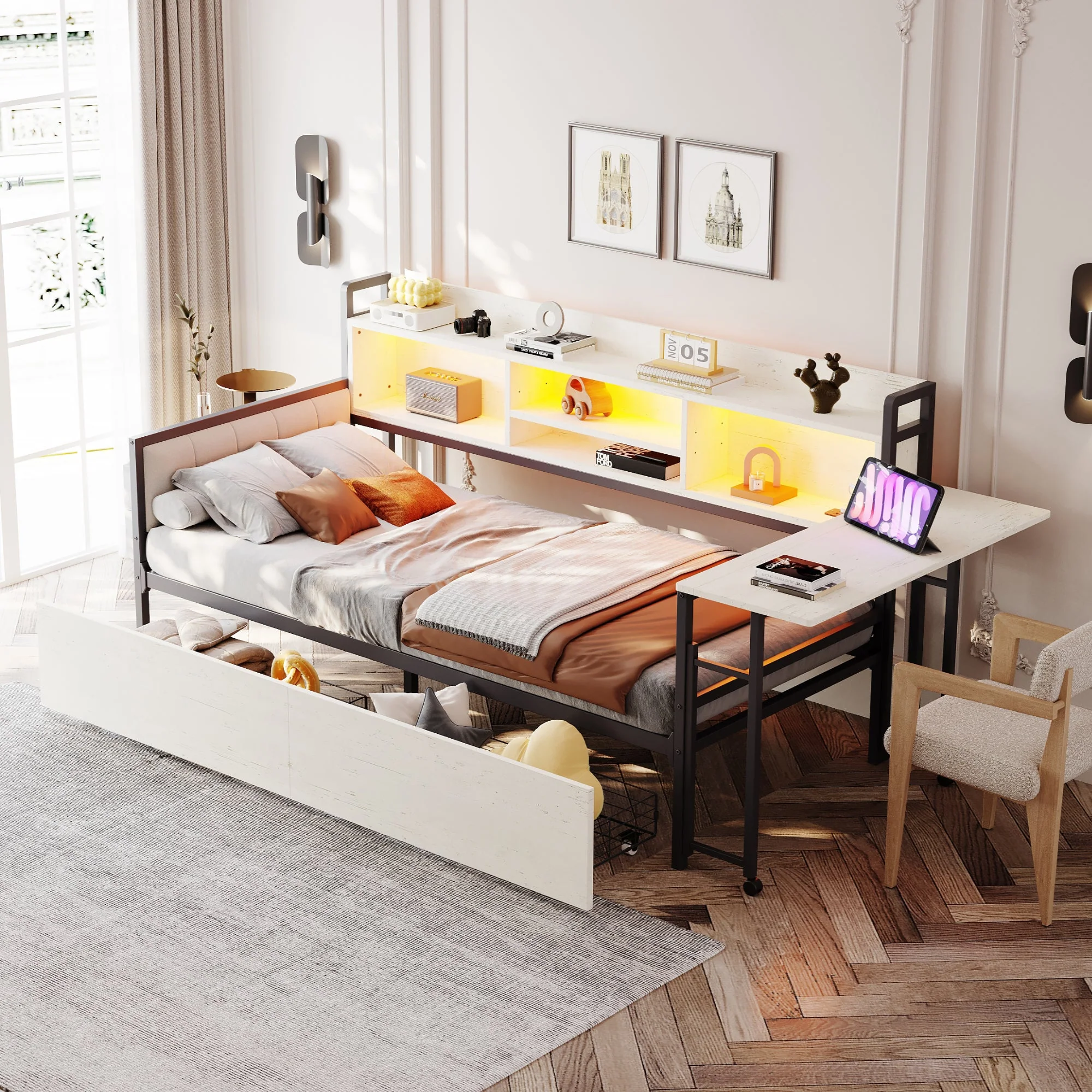 Iron Sofa Bed 90x200cm LED Storage Drawers Fold-Out Desk White