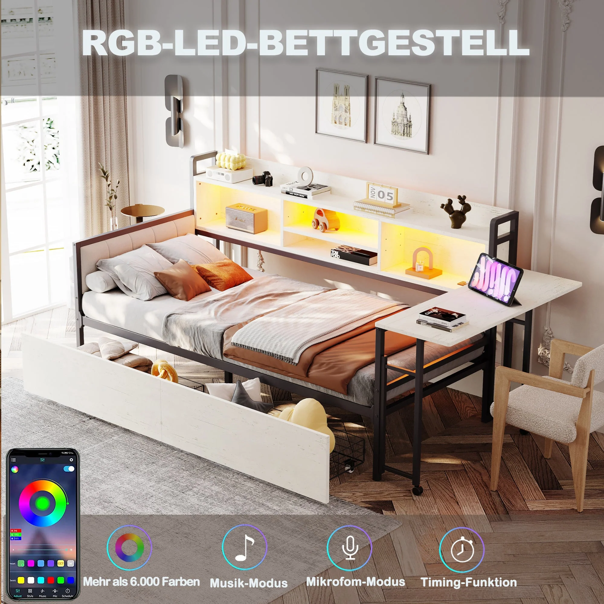 Iron Sofa Bed 90x200cm LED Storage Drawers Fold-Out Desk White - Image 5