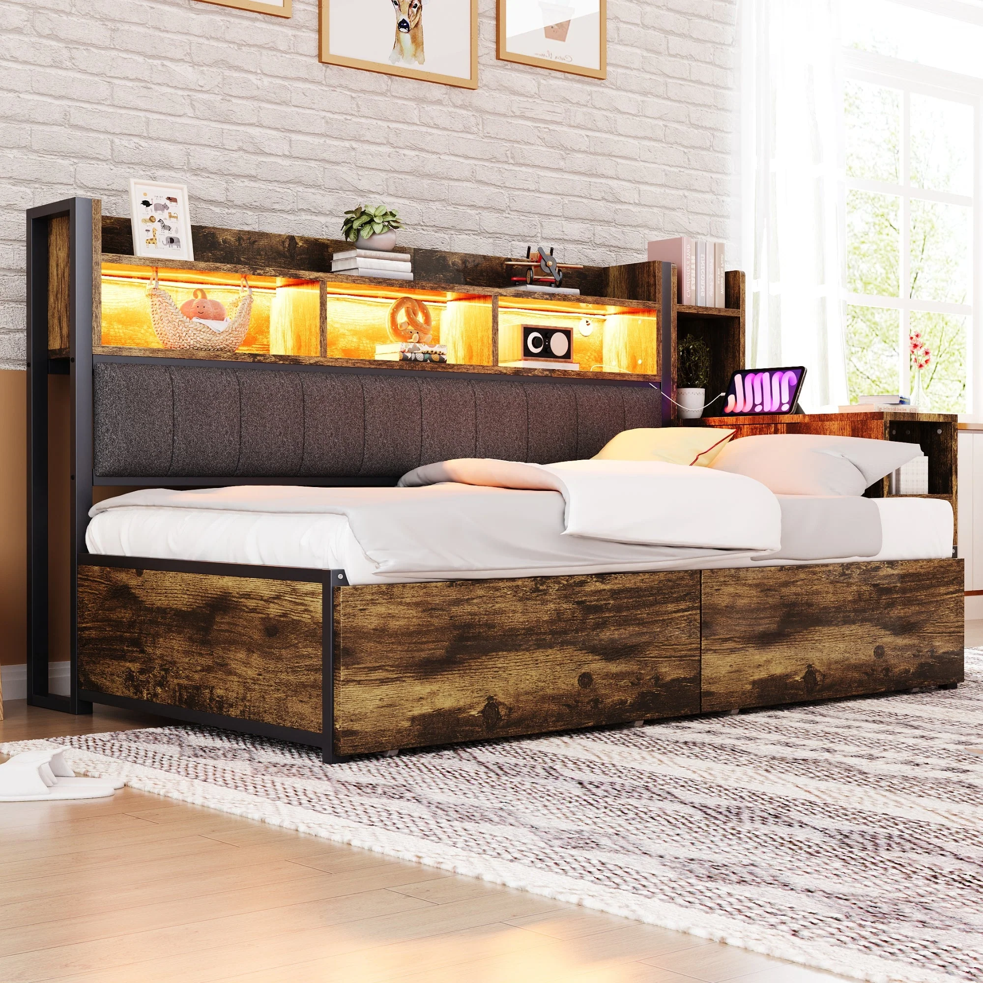 Iron Sofa Bed 90x200cm, Storage, Desk, LED/Sockets - Wood Color - Image 3