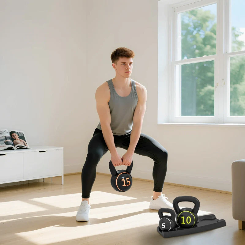 Kettlebell Set 3pc 2.2/4.5/6.8kg Weights Plastic Casing Black - Image 6