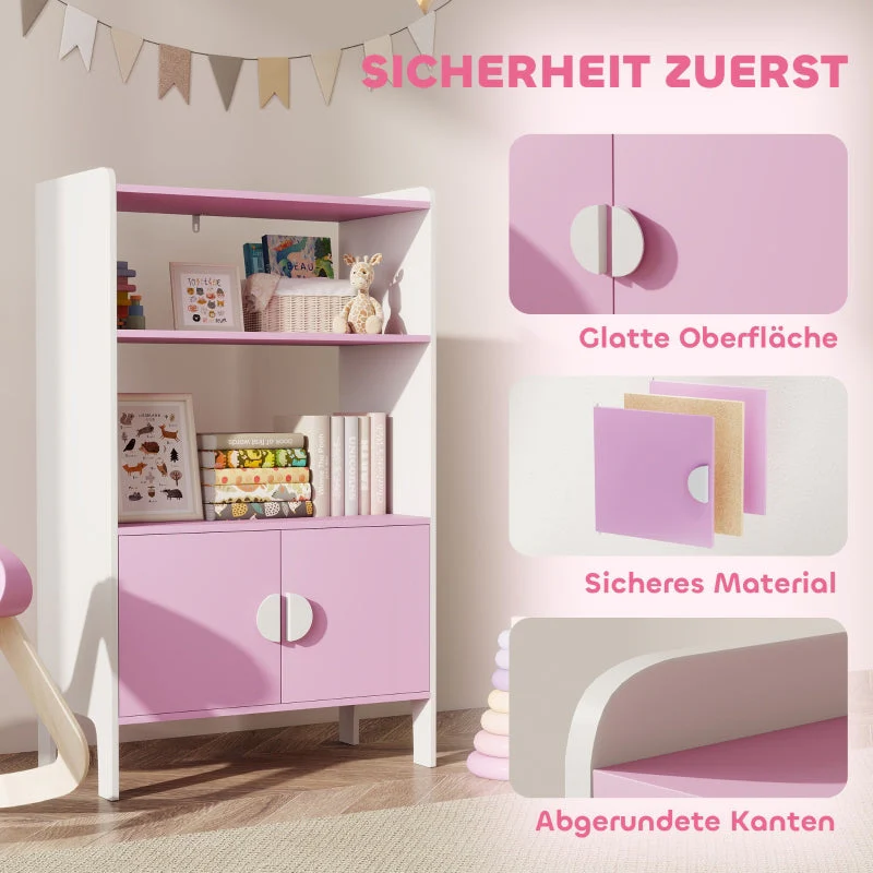 Kids Bookcase, 2 Shelves 2 Cabinets Freestanding, Pink+White MDF - Image 6