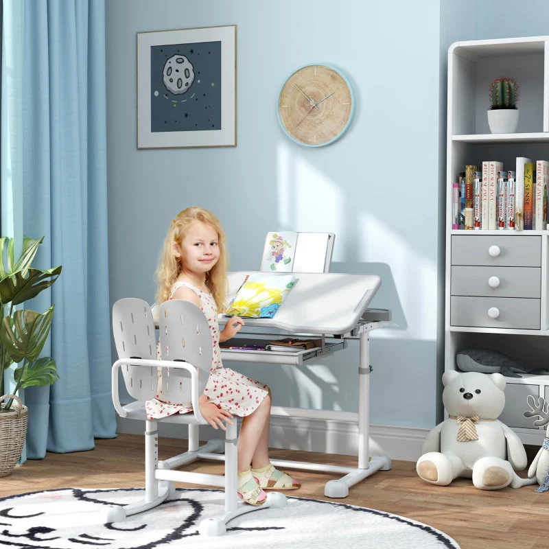 Kids Desk and Chair Set, Height Adjustable Tilted Desktop, Grey - Image 3