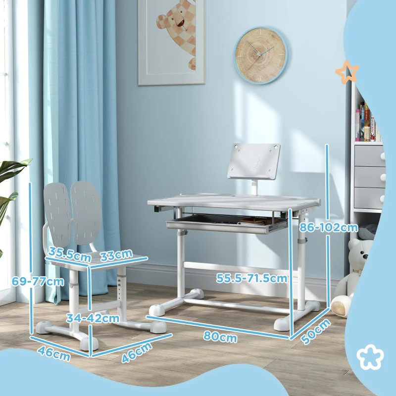 Kids Desk and Chair Set, Height Adjustable Tilted Desktop, Grey - Image 4