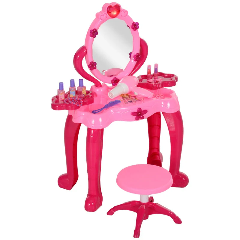 Kids Dressing Table with Mirror, Stool, Light, Music, 15 Accessories, Pink - Image 2