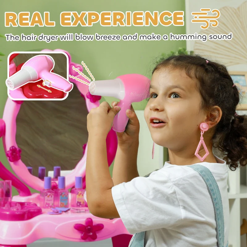 Kids Dressing Table with Mirror, Stool, Light, Music, 15 Accessories, Pink - Image 5
