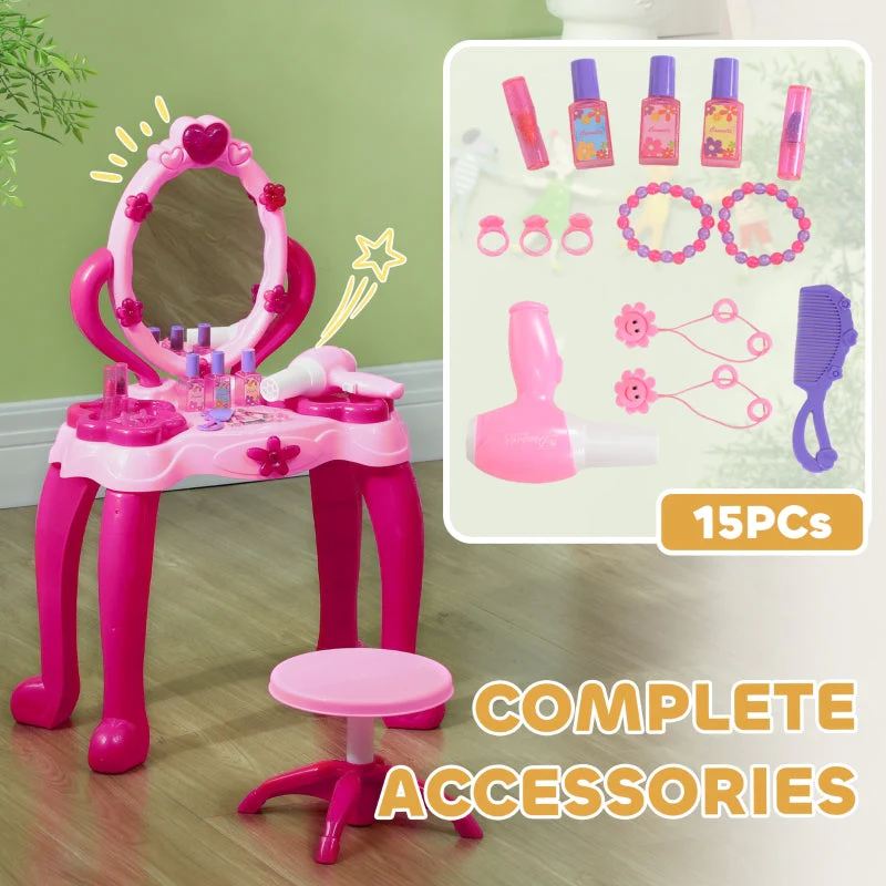 Kids Dressing Table with Mirror, Stool, Light, Music, 15 Accessories, Pink - Image 7