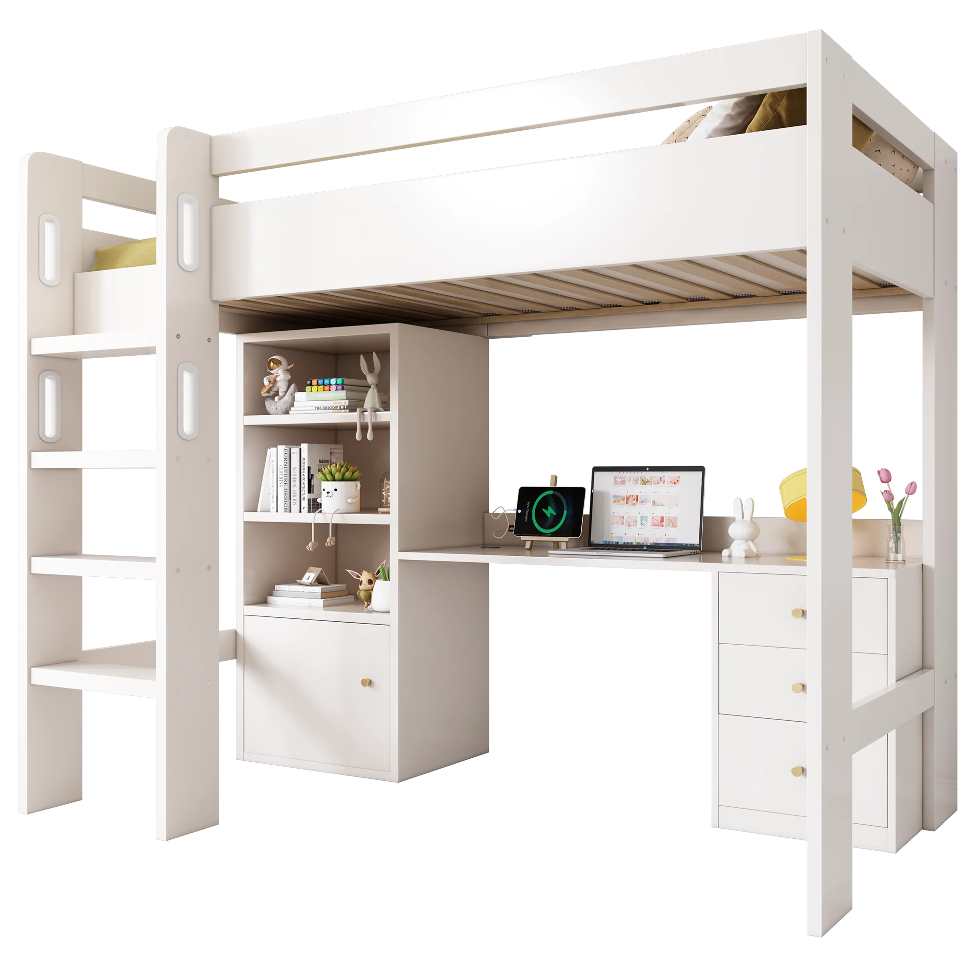 Kids' High Sleeper Bunk Bed with USB-C Desk, Bookshelf, Stairs, & Storage, White - Image 7