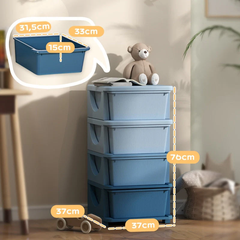 Kids' Storage Boxes, 4 Drawers, Rounded Edges, Plastic, Blue - Image 3