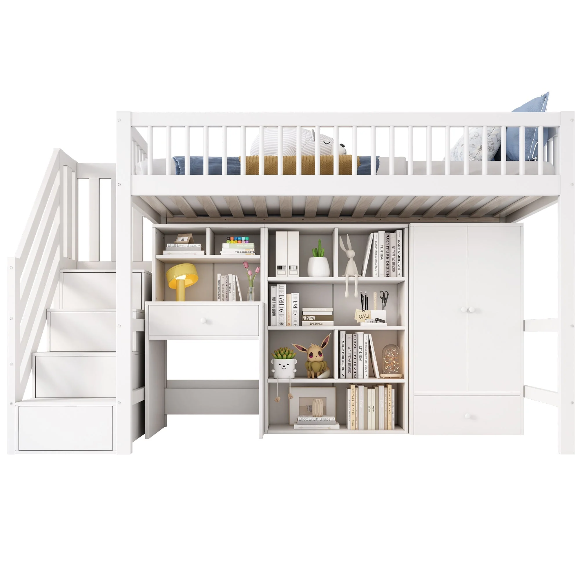 Kids Study Bed with Desk & Stairs - Multifunctional Single Bed Frame (UK 90x190cm), Solid Wood & MDF Construction, Built-in Wardrobe & Lockers, White - Image 5