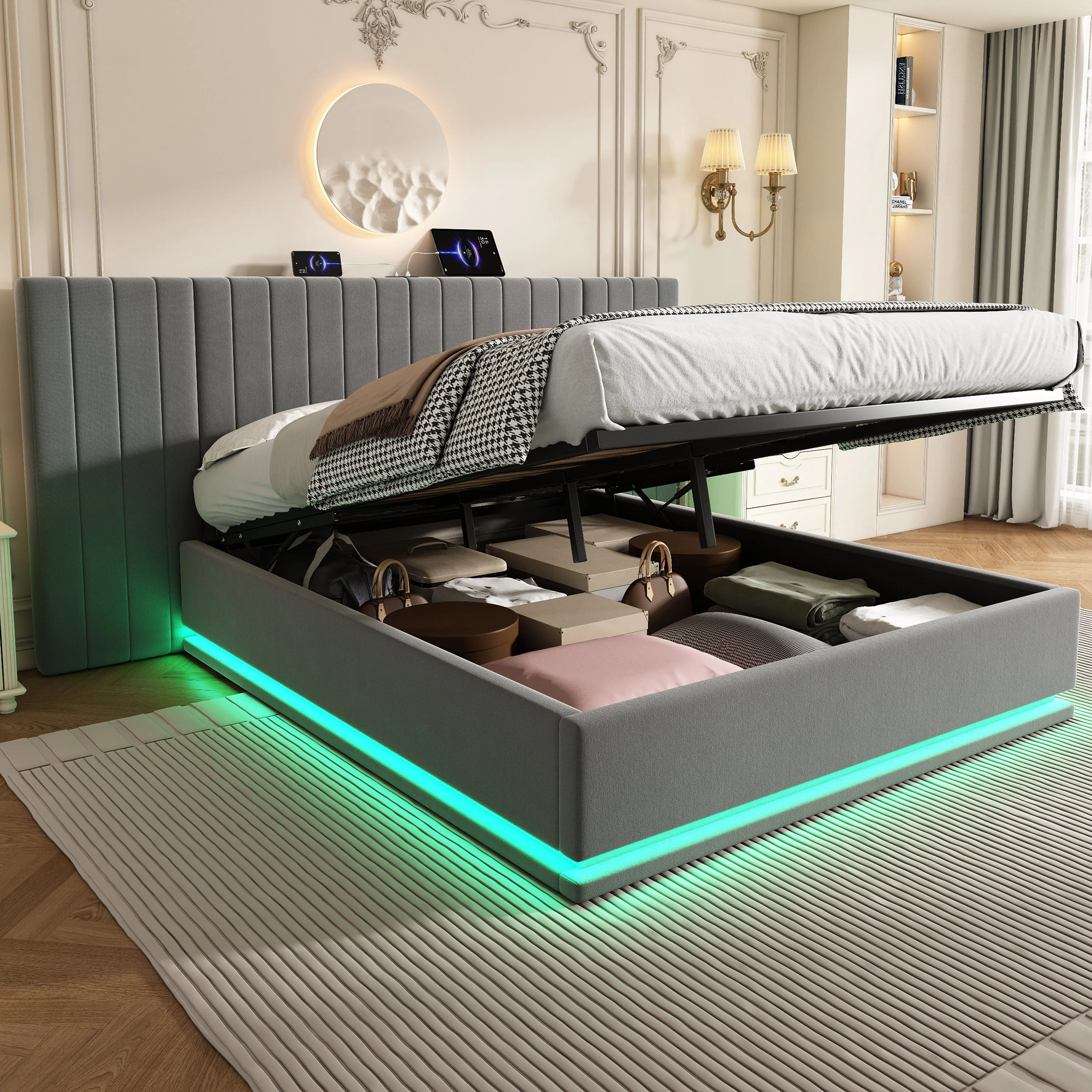 King Ottoman Bed with LED Storage and Charging Station, Velvet Grey - Image 3