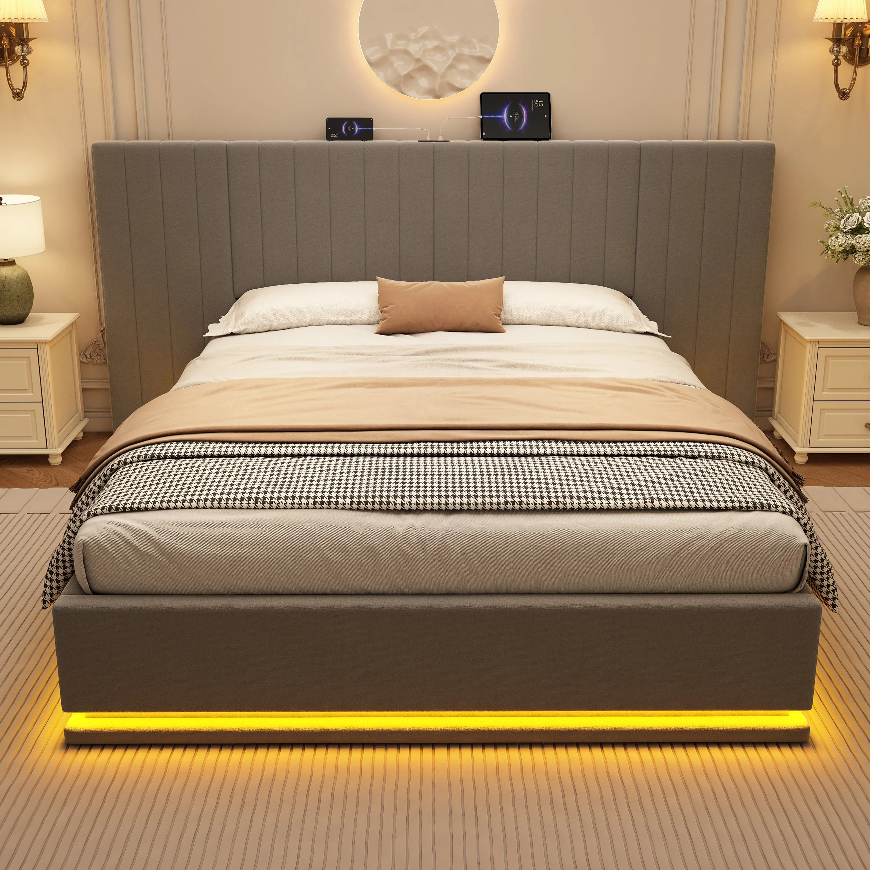 King Ottoman Bed with LED Storage and Charging Station, Velvet Grey - Image 5