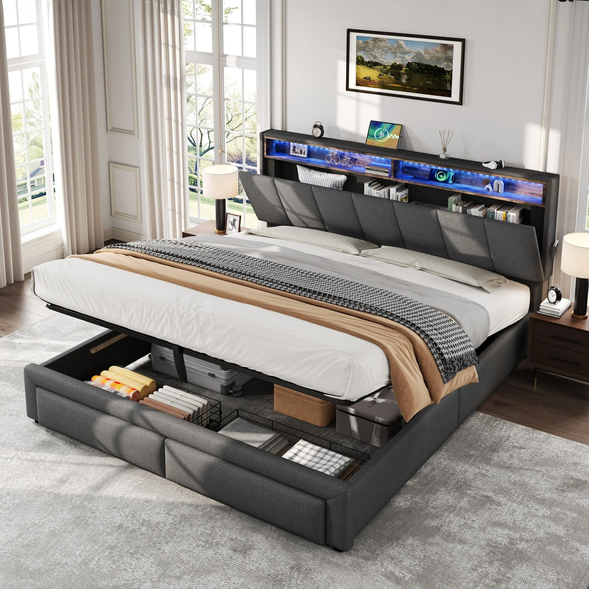 King Upholstered Bed Frame Hydraulic & Drawers Storage, LED Adjustable Headboard, Linen Grey - Image 4