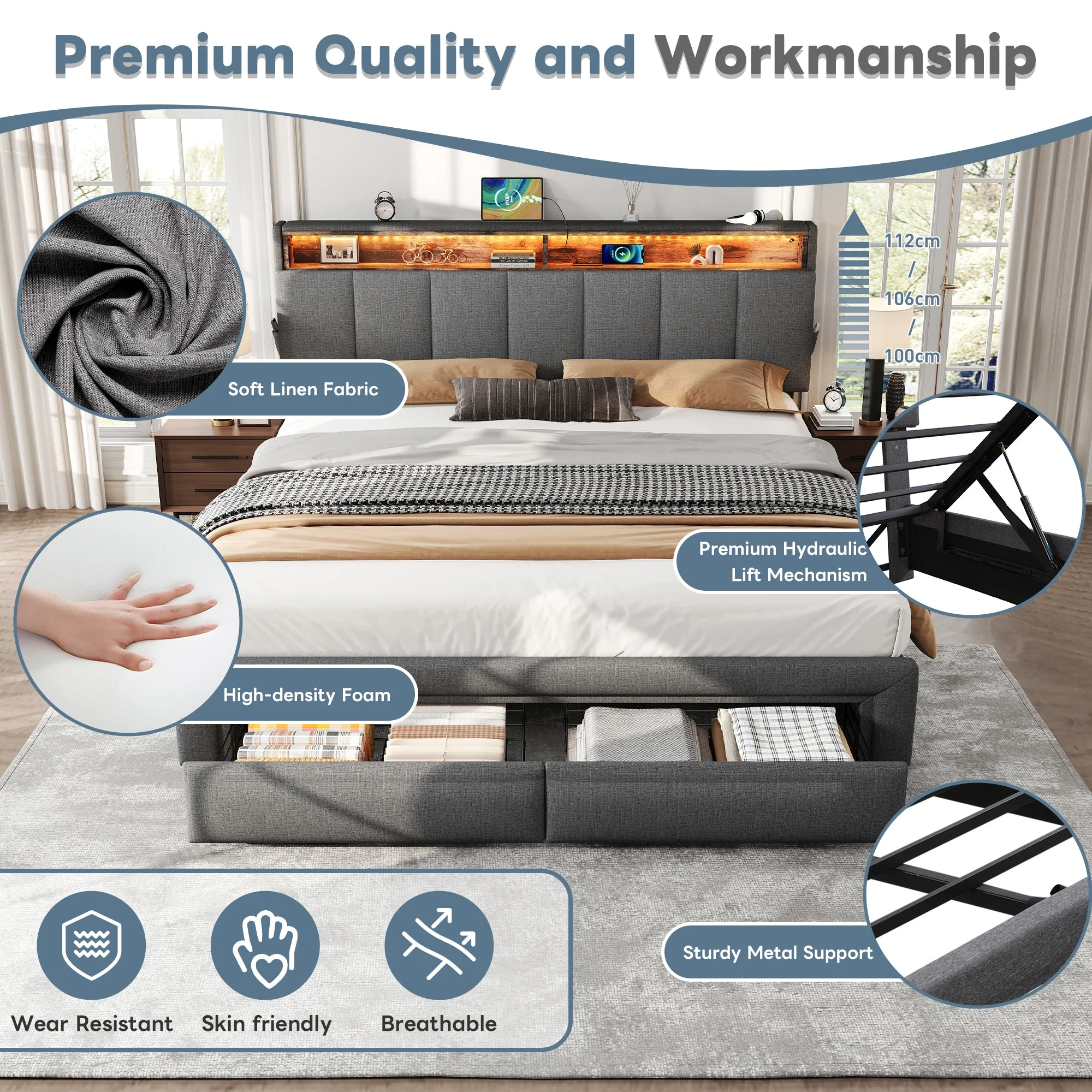 King Upholstered Bed Frame Hydraulic & Drawers Storage, LED Adjustable Headboard, Linen Grey - Image 7