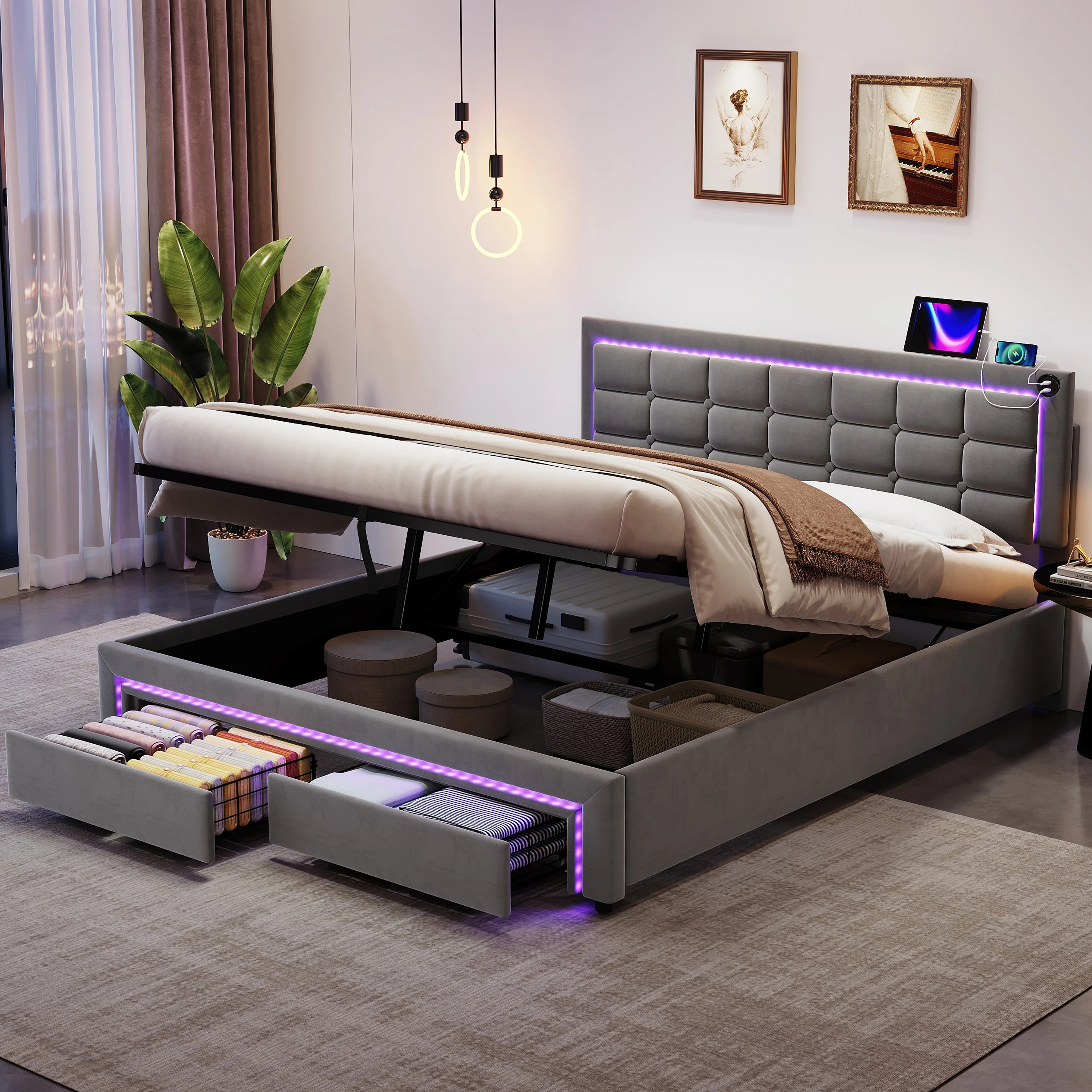 King Upholstered Bed Frame Hydraulic Storage LED Headboard Charging Station, Grey Velvet - Image 3