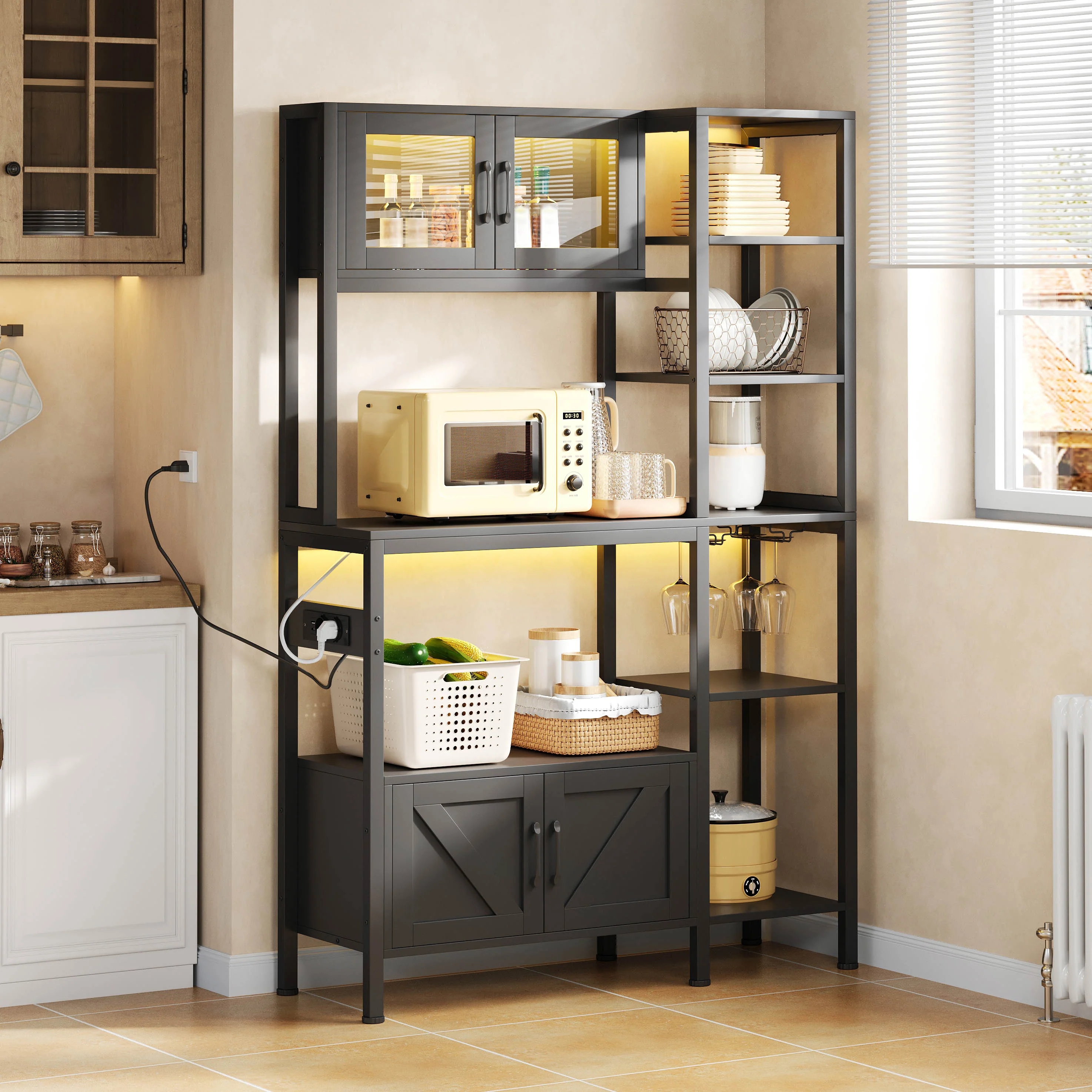 Kitchen Baker's Rack with Power Outlet and LED Lights, Microwave Shelf and Wine Glass Holder, Particle Board and Stainless Steel
