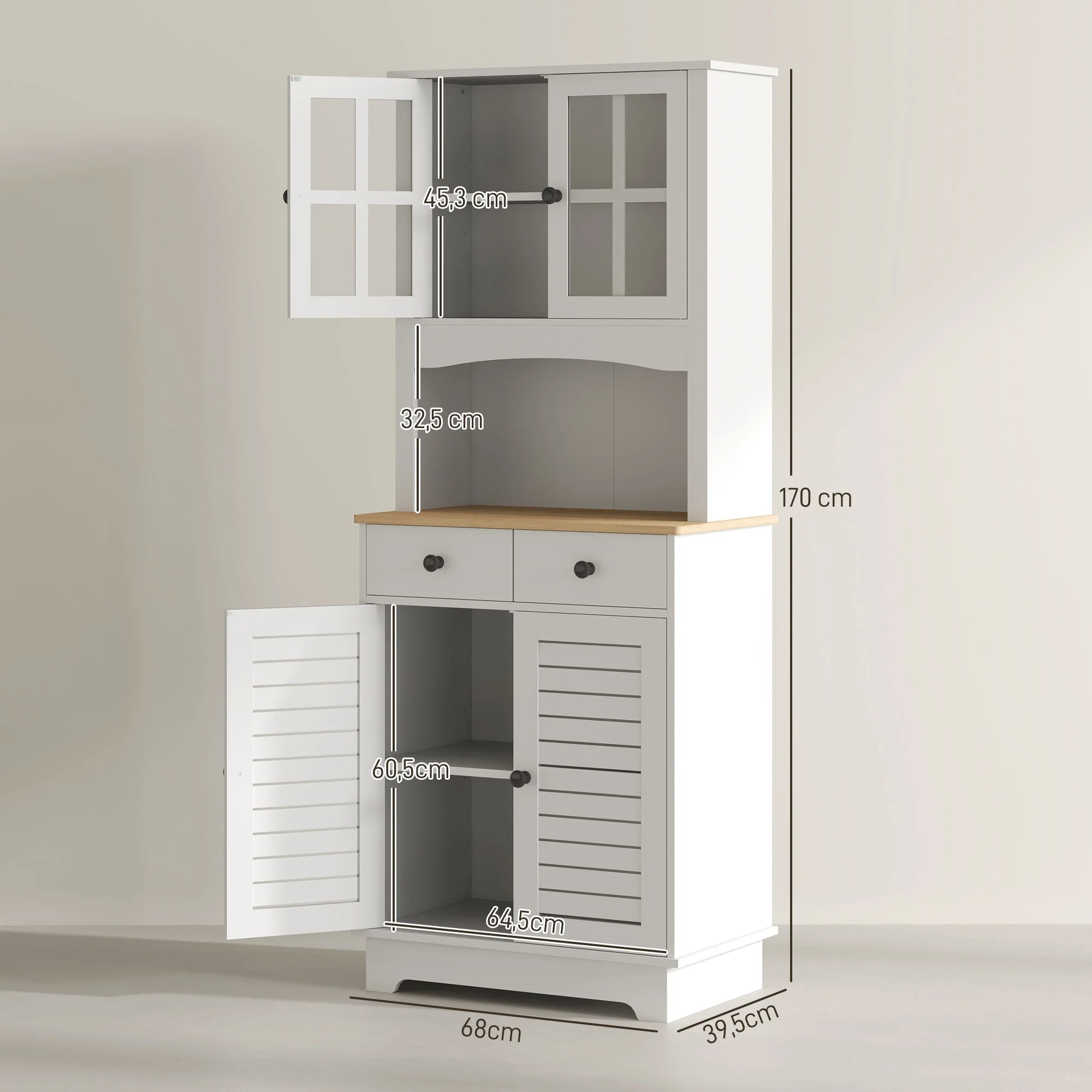 Kitchen Cabinet Glass Doors 2 Drawers - Wood White - Image 3