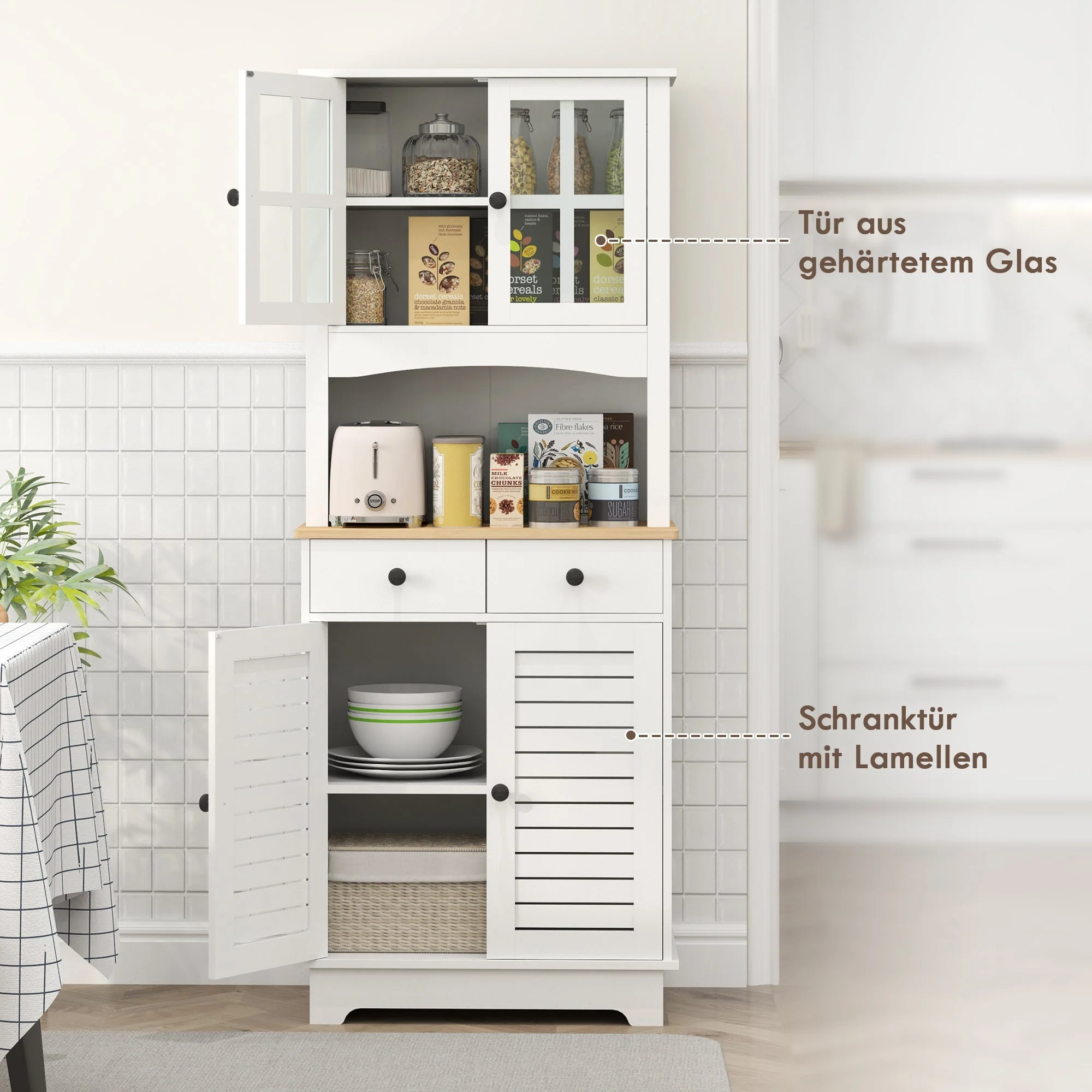 Kitchen Cabinet Glass Doors 2 Drawers - Wood White - Image 6