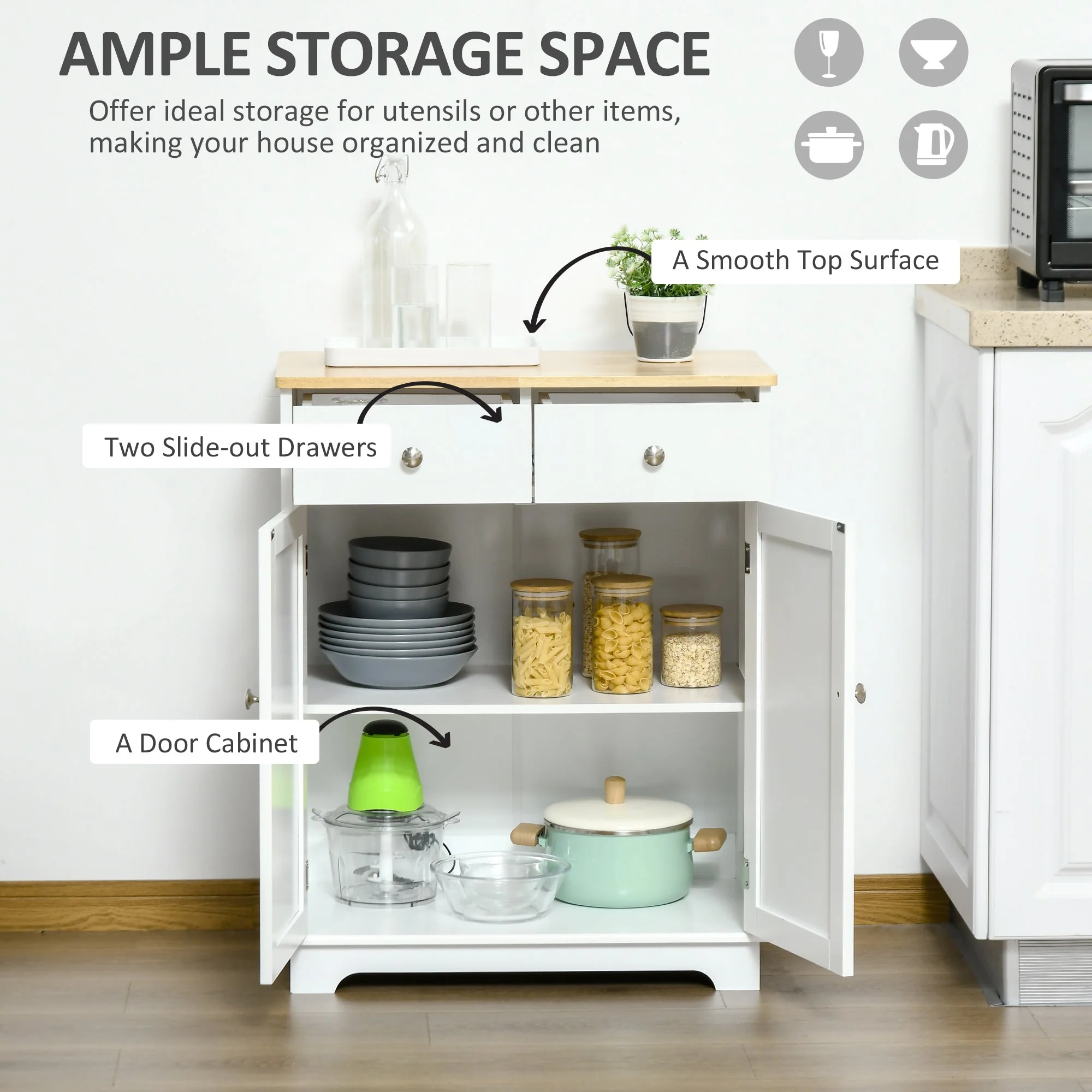 Kitchen Cabinet Side Storage Sideboard with Solid Wood Top, Adjustable Shelf & Drawer, Multicolor Engineered Wood - Image 4