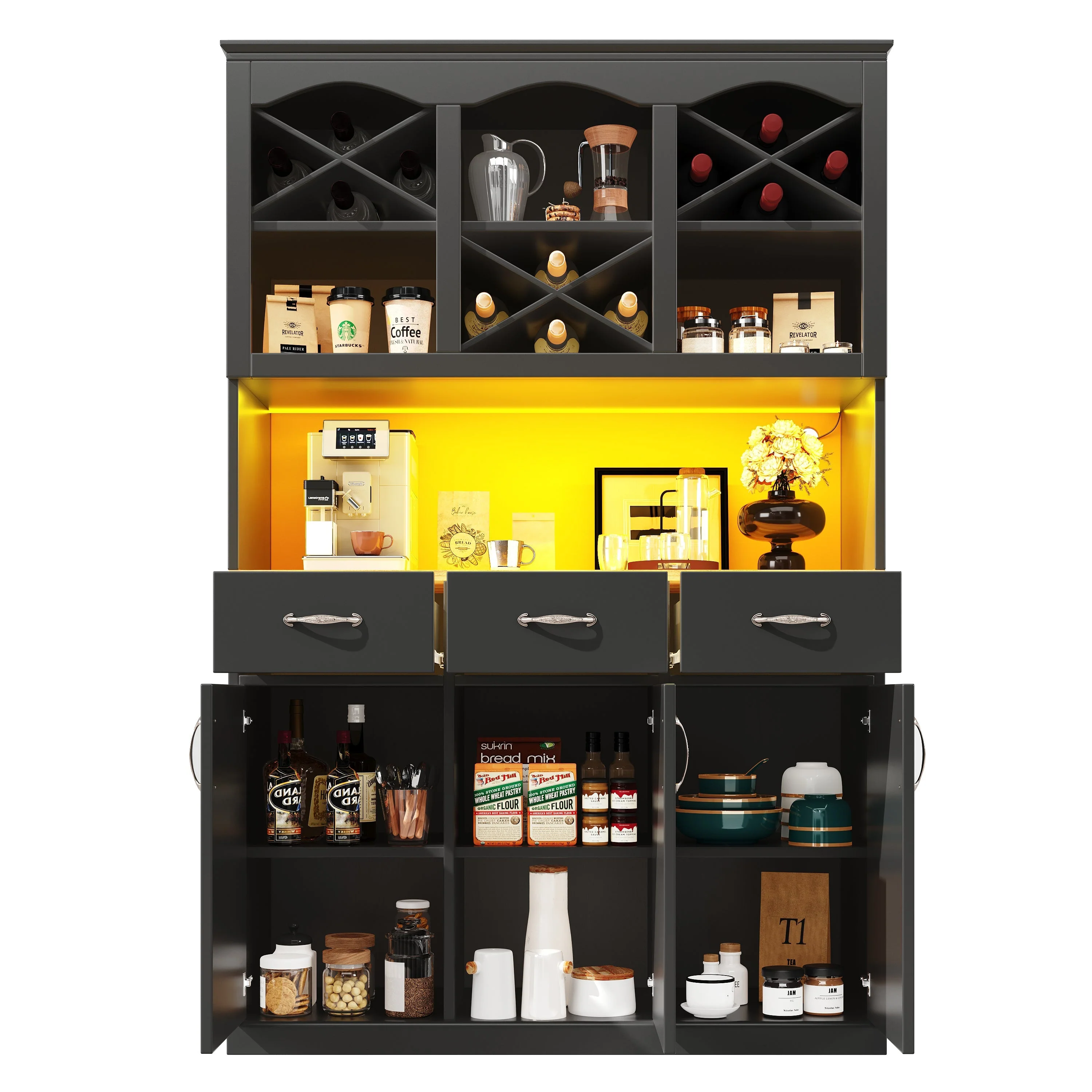 Kitchen Cabinet Tall Buffet 120cm 3 Doors 3 Drawers LED Black - Image 6