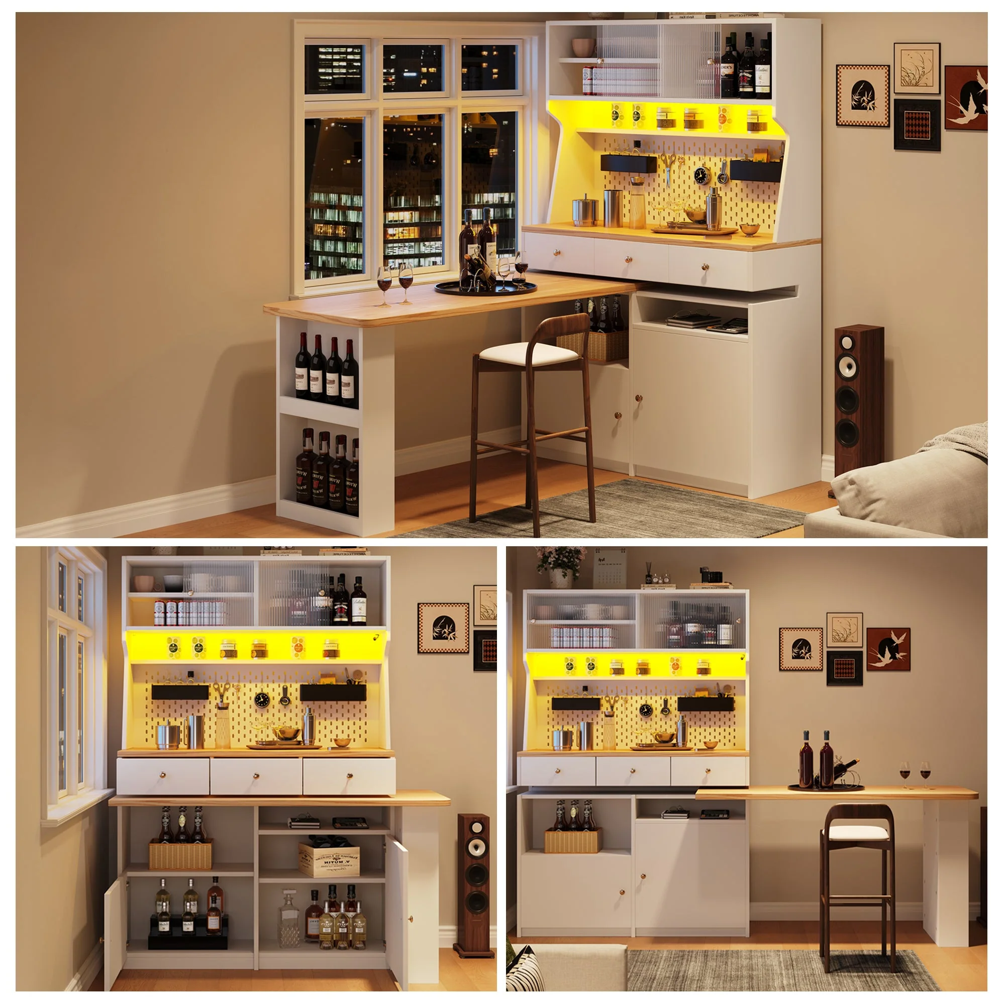 Kitchen Cabinet Tall Buffet with 2 Doors, 3 Drawers, 137x45x178cm, White