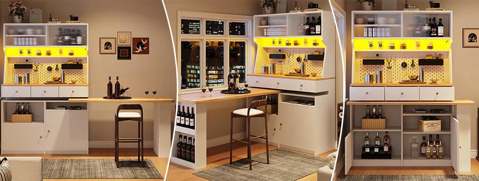 Kitchen Cabinet Tall Buffet with 2 Doors, 3 Drawers, 137x45x178cm, White - Image 2