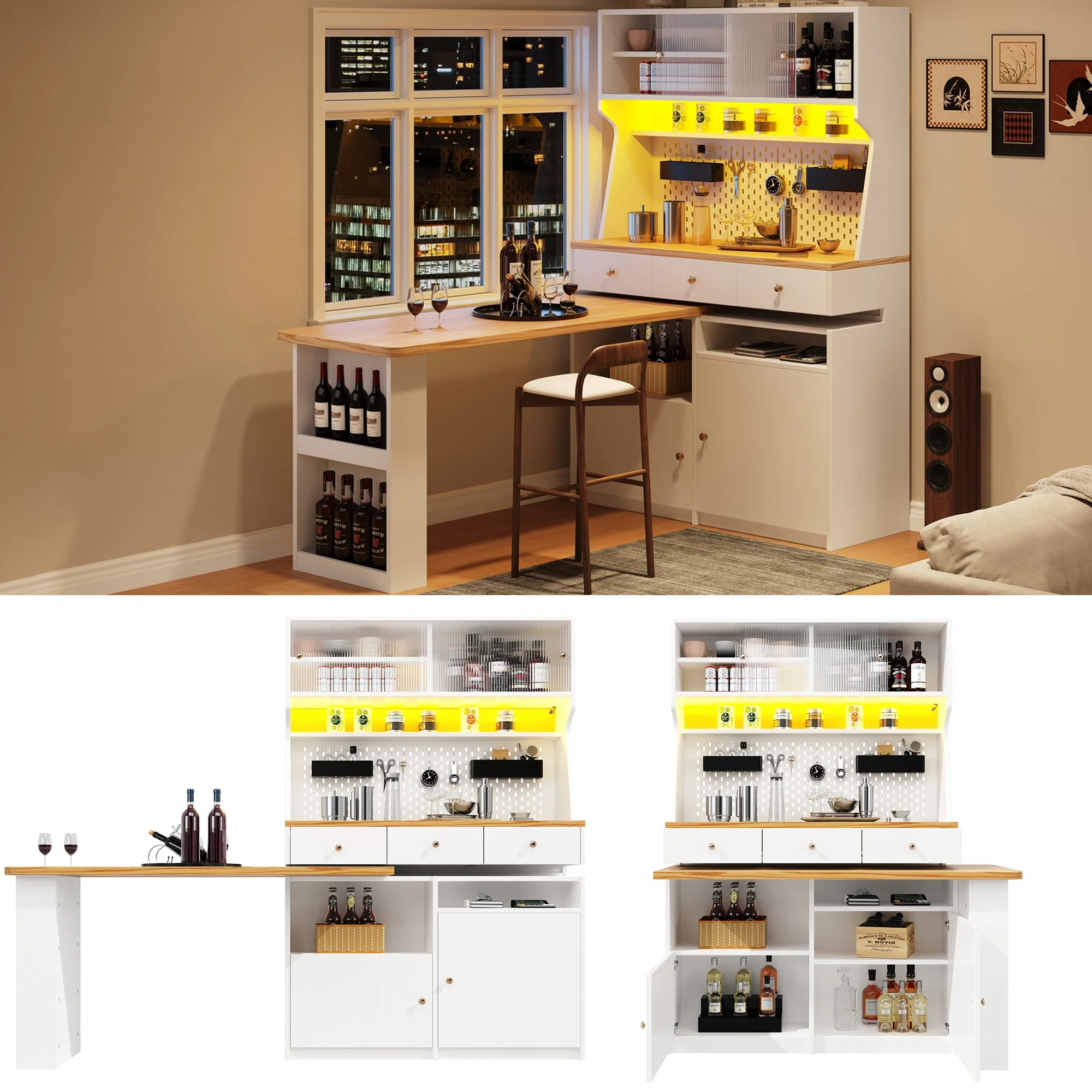 Kitchen Cabinet Tall Buffet with 2 Doors, 3 Drawers, 137x45x178cm, White - Image 7