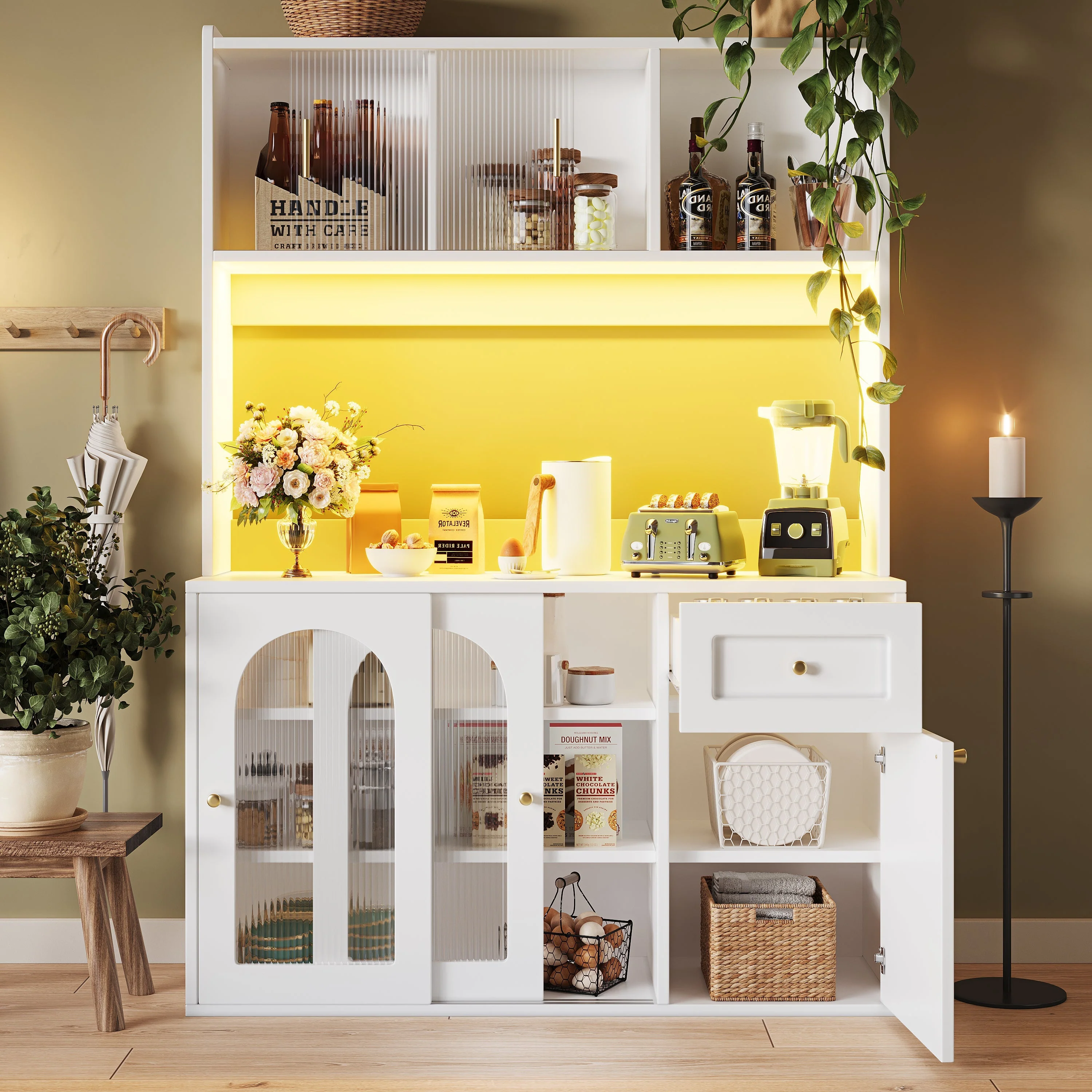 Kitchen Cabinet, Tall Display Buffet Sideboard with LED Lighting and Adjustable Shelves, White/Black - Image 2