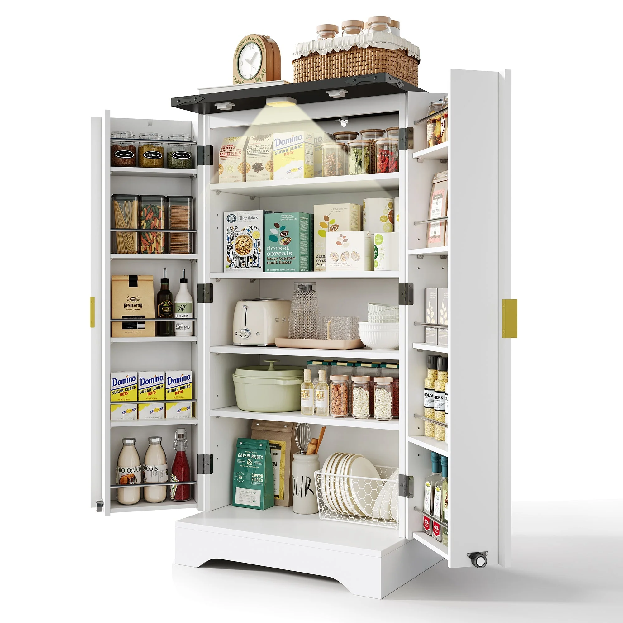 Kitchen Cabinet with LED Light, Spice Rack, Adjustable Shelves, Double Doors - White - Image 8