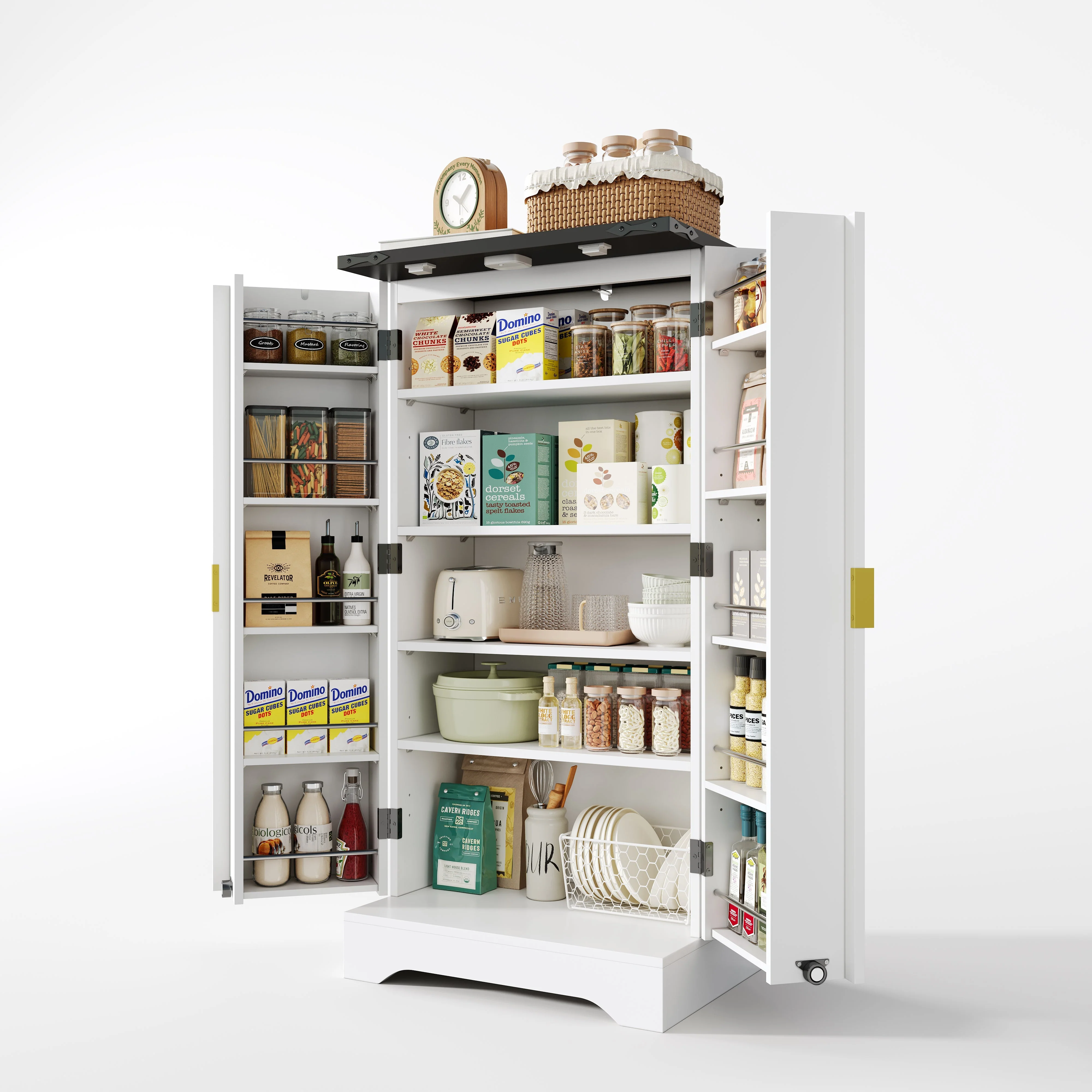 Kitchen Cabinet with LED Light, Spice Rack, Adjustable Shelves, Double Doors - White - Image 9