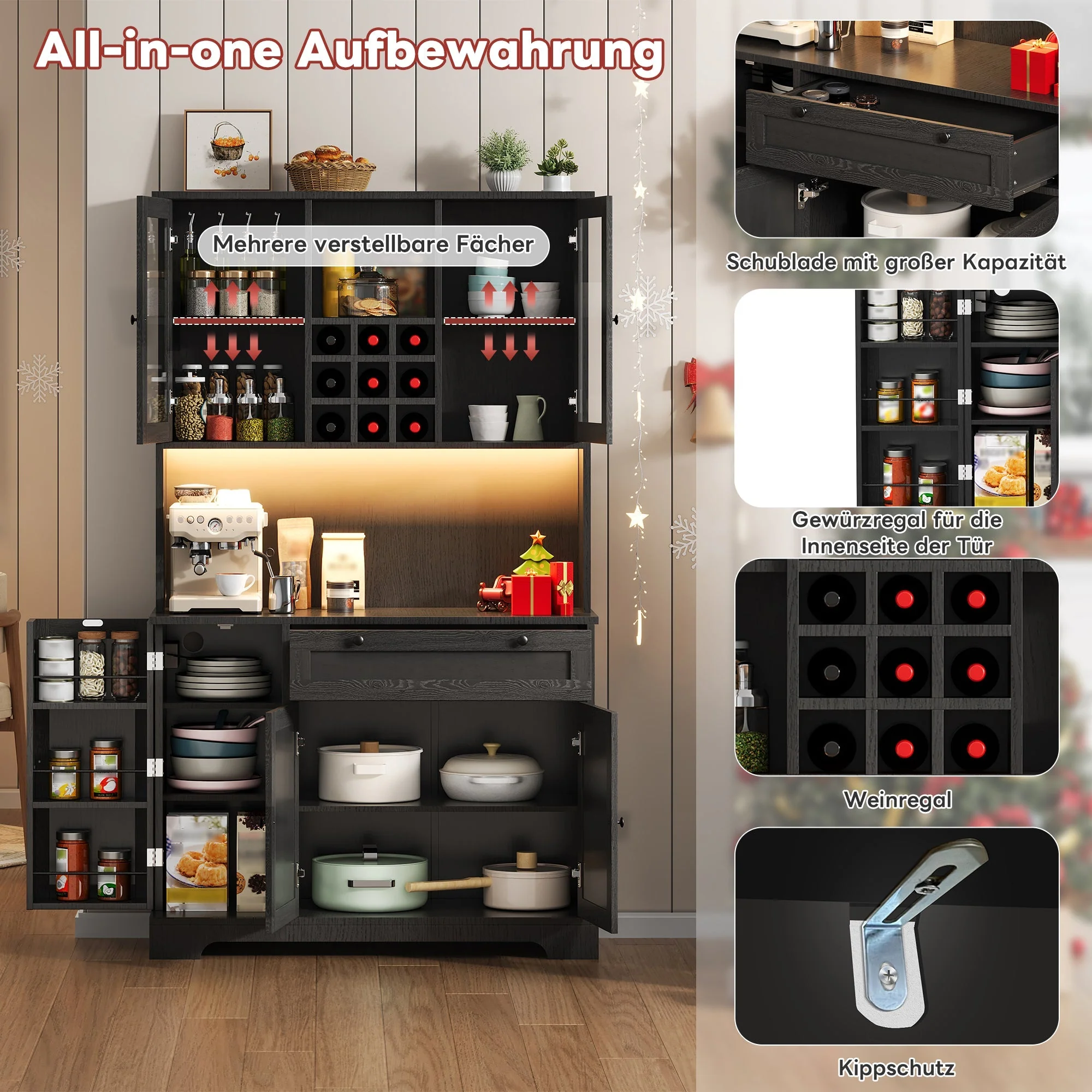 Kitchen Cabinet with LED Lighting, Power Outlet and Spice Rack, 180 x 105 x 40 cm - Image 6