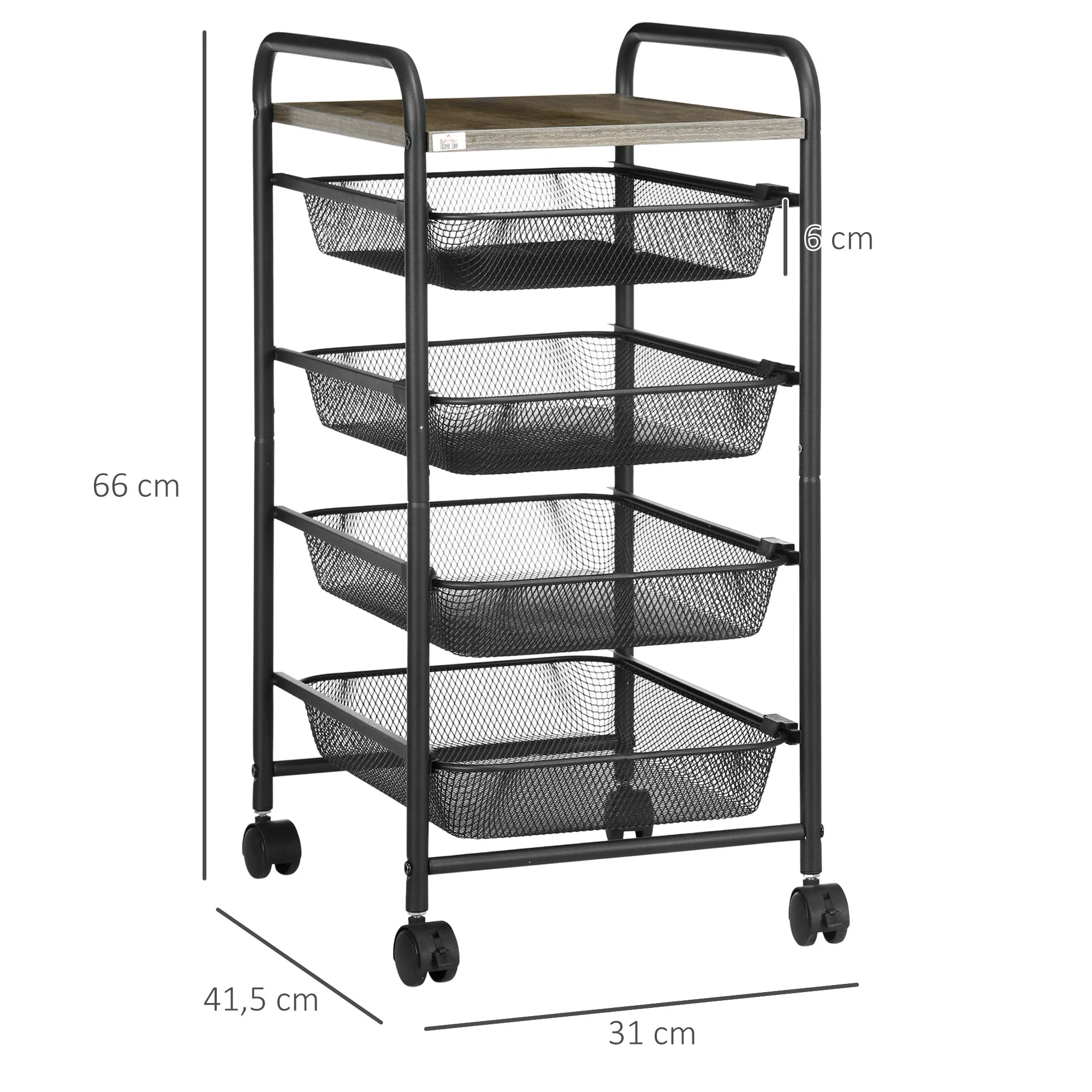 Kitchen Cart, 4 Baskets Storage Rack on Wheels, Steel Black - Image 3