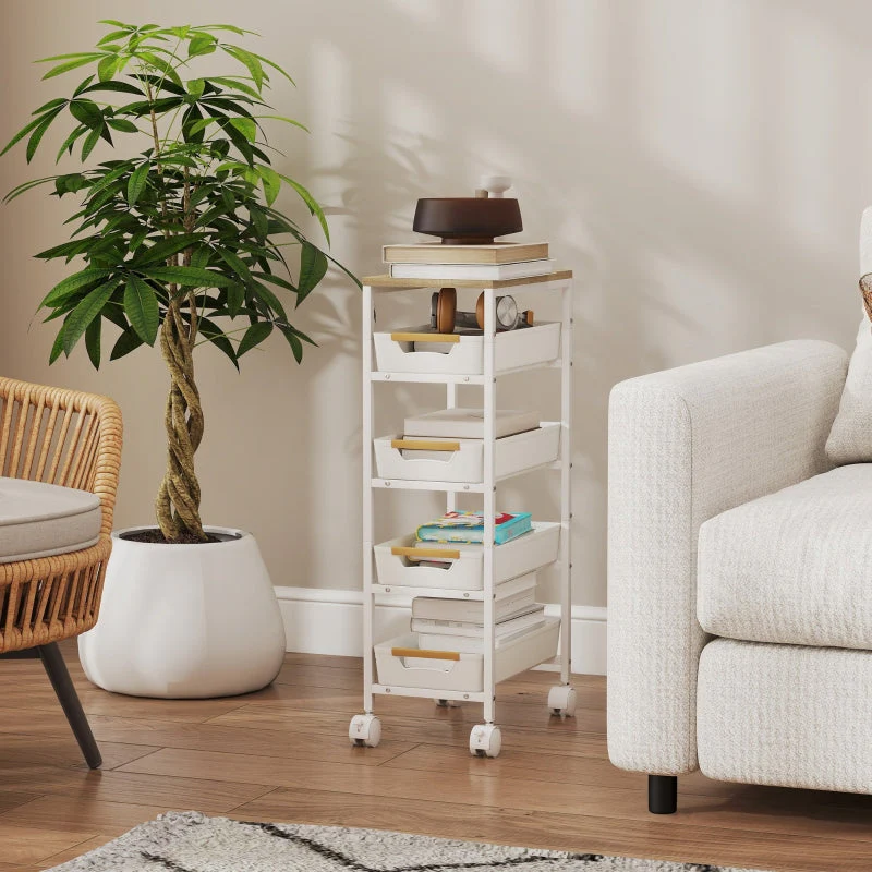 Kitchen Cart 5-Tier Rolling, 4 Drawers, White Wood Effect - Image 6