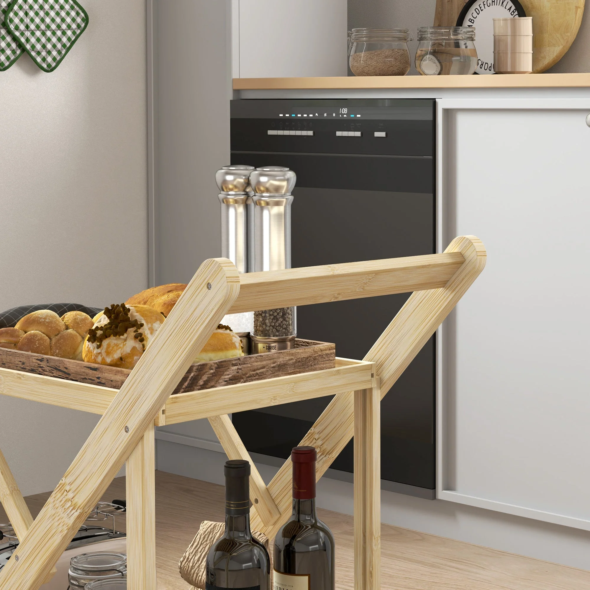 Kitchen Cart with Wine Rack, 2-Level Rolling, Bamboo Natural - Image 8