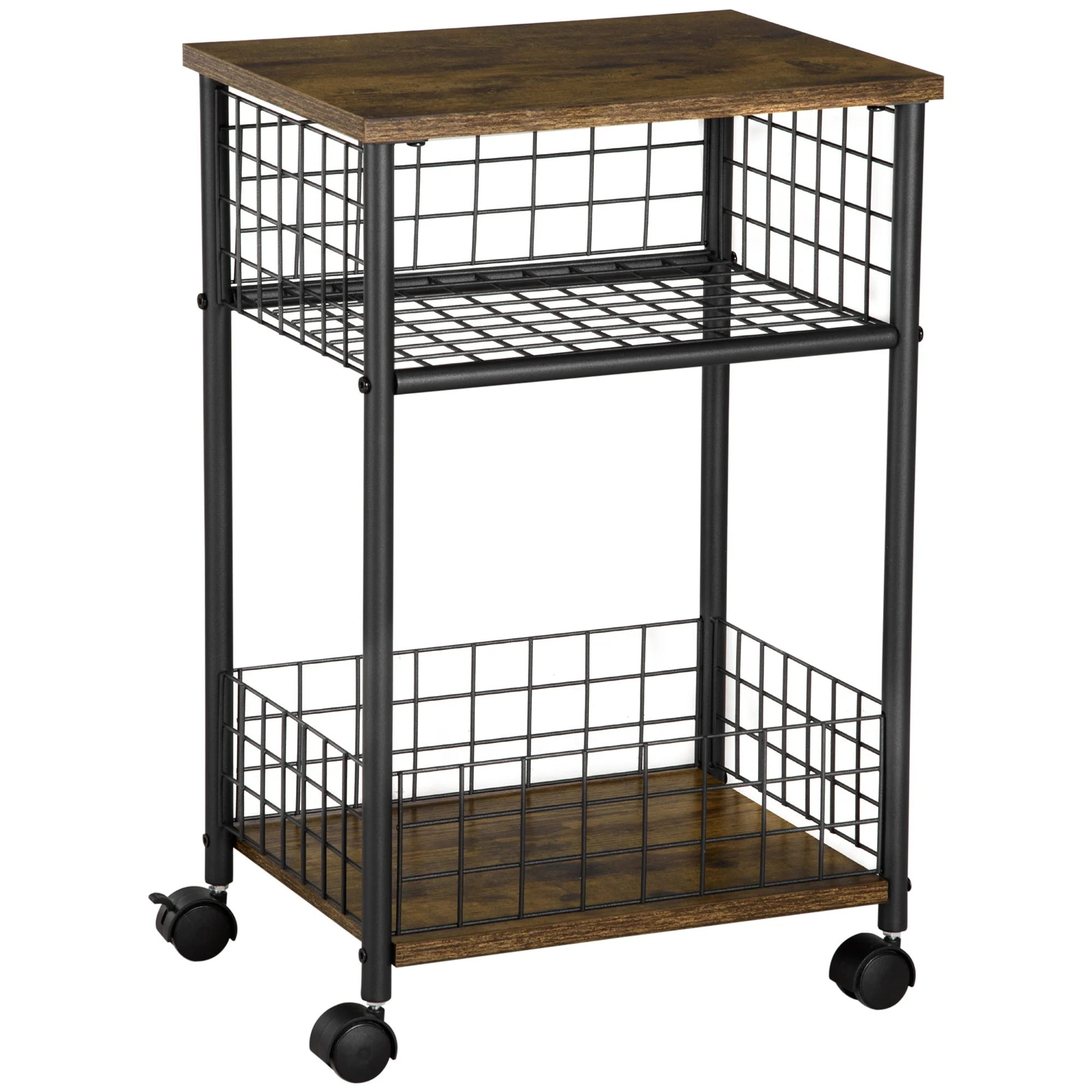 Kitchen Cart with Worktop, 2 Storage Baskets, 360° Swivel Casters, Rustic Brown - Image 2