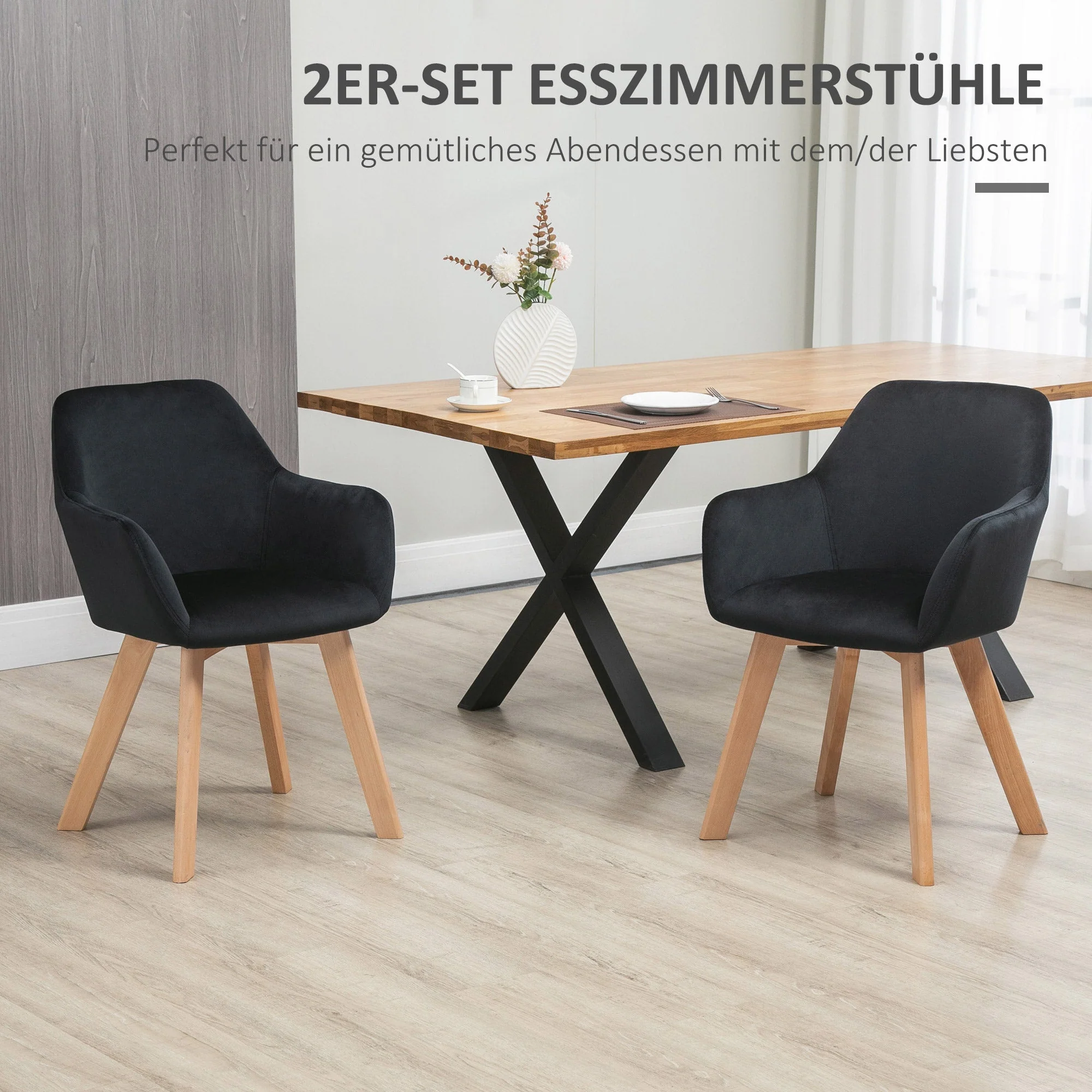 Kitchen Chairs, Set of 2 Ergonomic with Armrests, Polyester Wood, Black - Image 4