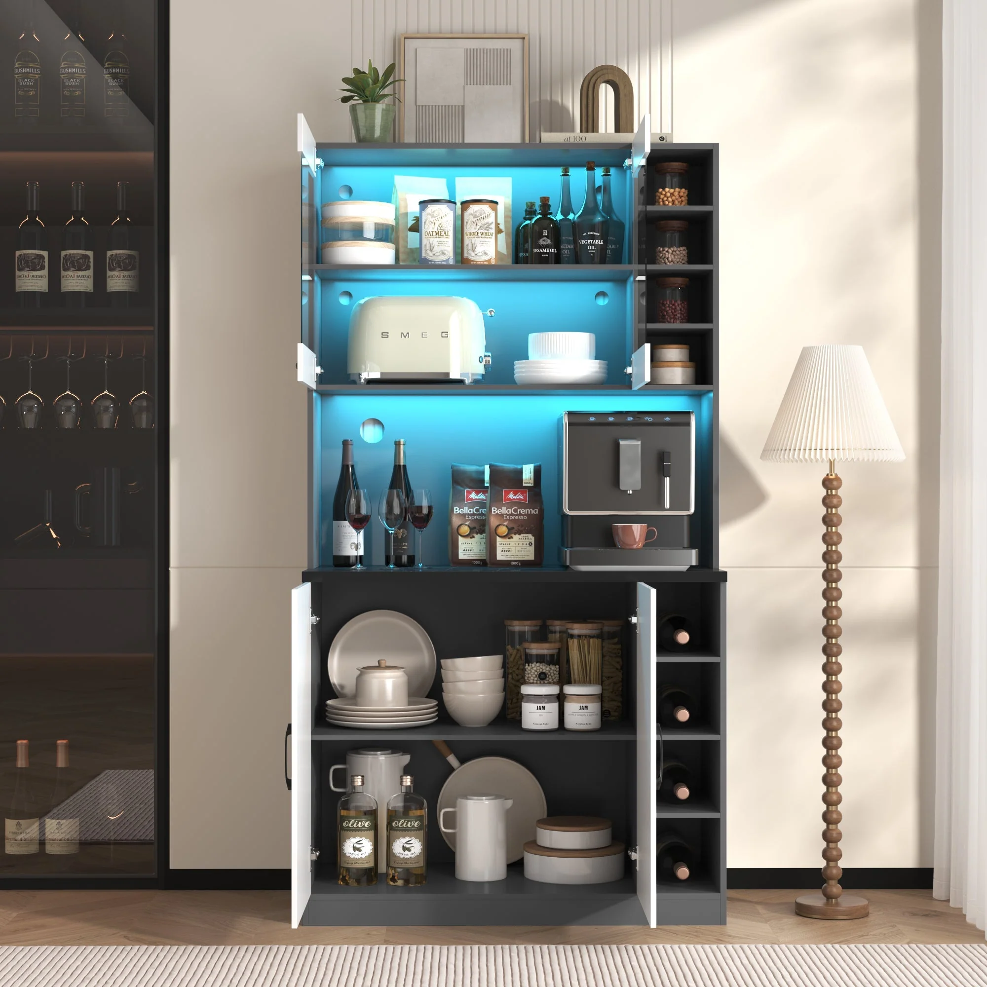 Kitchen Highboard Buffet 100x47x187cm LED Lighting Microwave Adjustable Shelves - Wooden - Image 9