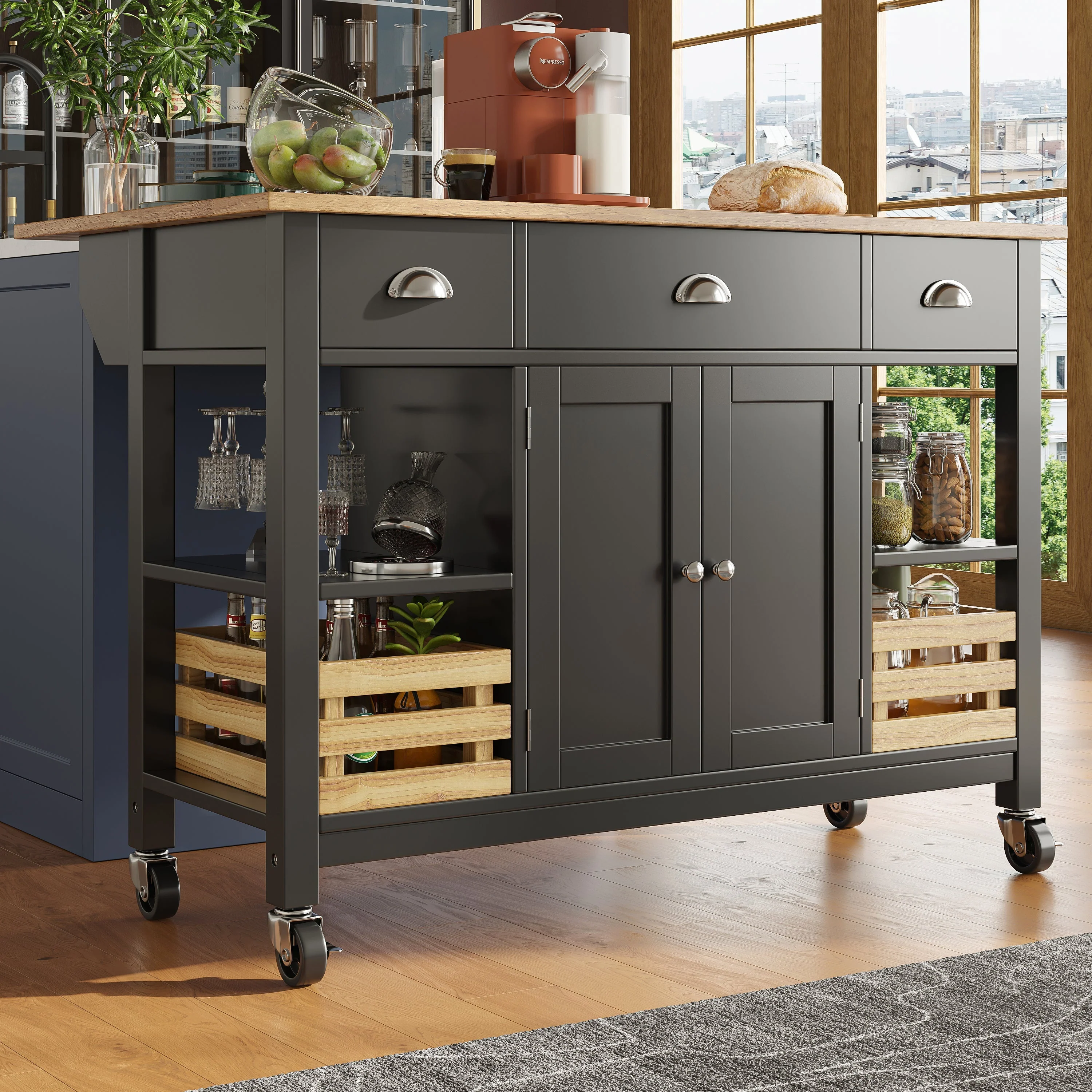 Kitchen Island 120x45x90cm Multifunctional Dining Cabinet Storage Basket - Black - Image 2