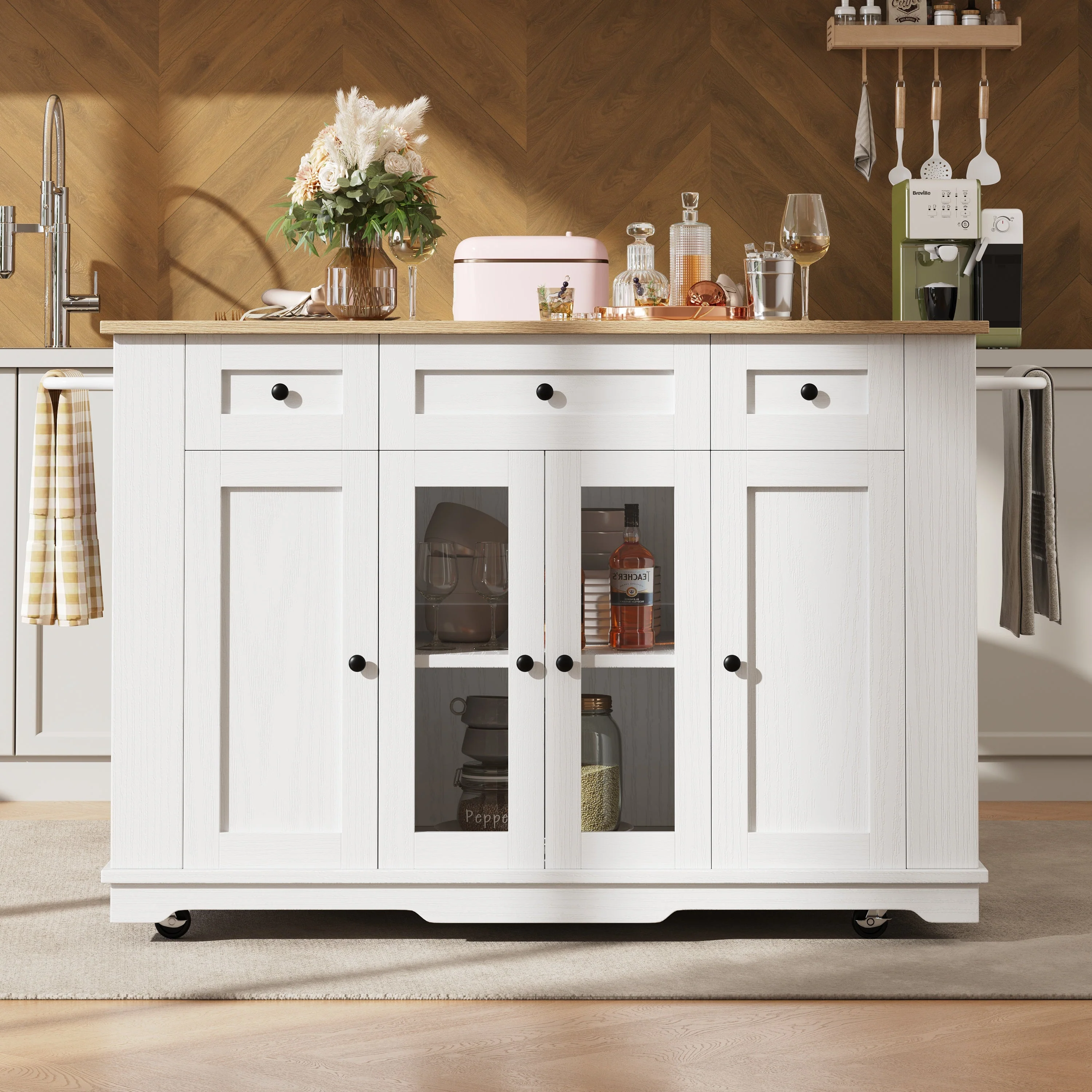 Kitchen Island, 151.5x60x91.7cm Removable Partitions Worktop Tempered Glass Cabinet, White/Black - Image 10