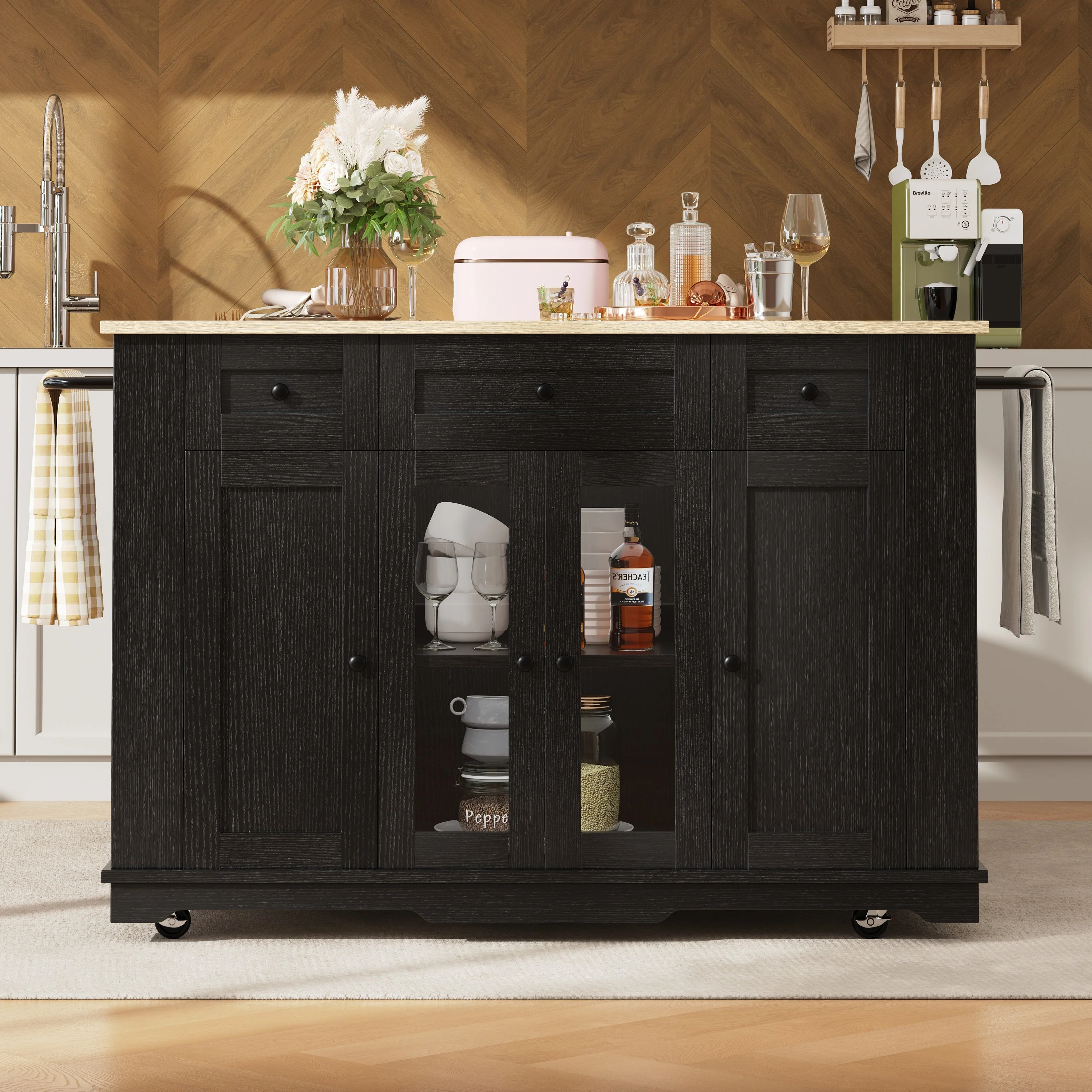 Kitchen Island, 151.5x60x91.7cm Removable Partitions Worktop Tempered Glass Cabinet, White/Black - Image 3