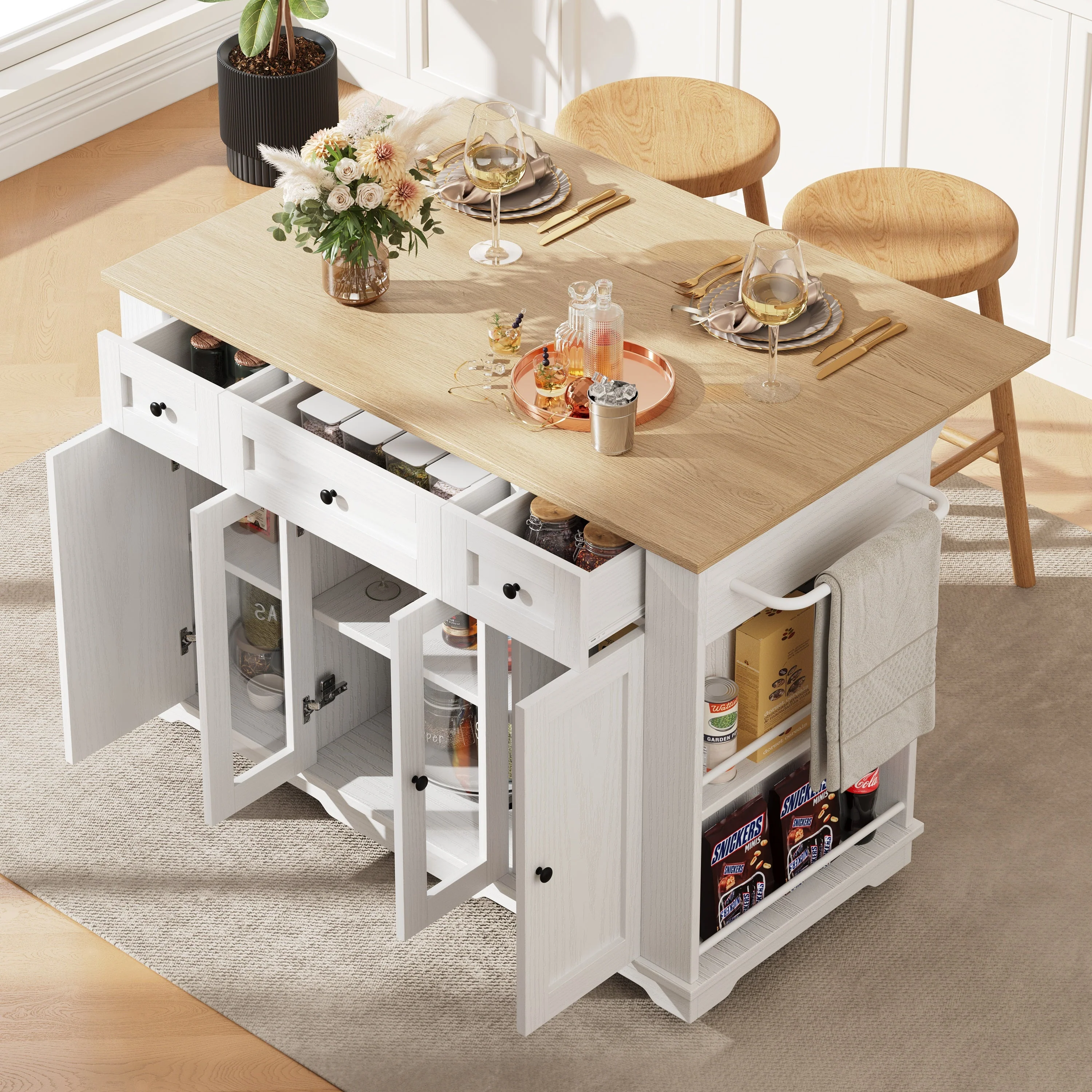 Kitchen Island, 151.5x60x91.7cm Removable Partitions Worktop Tempered Glass Cabinet, White/Black - Image 9