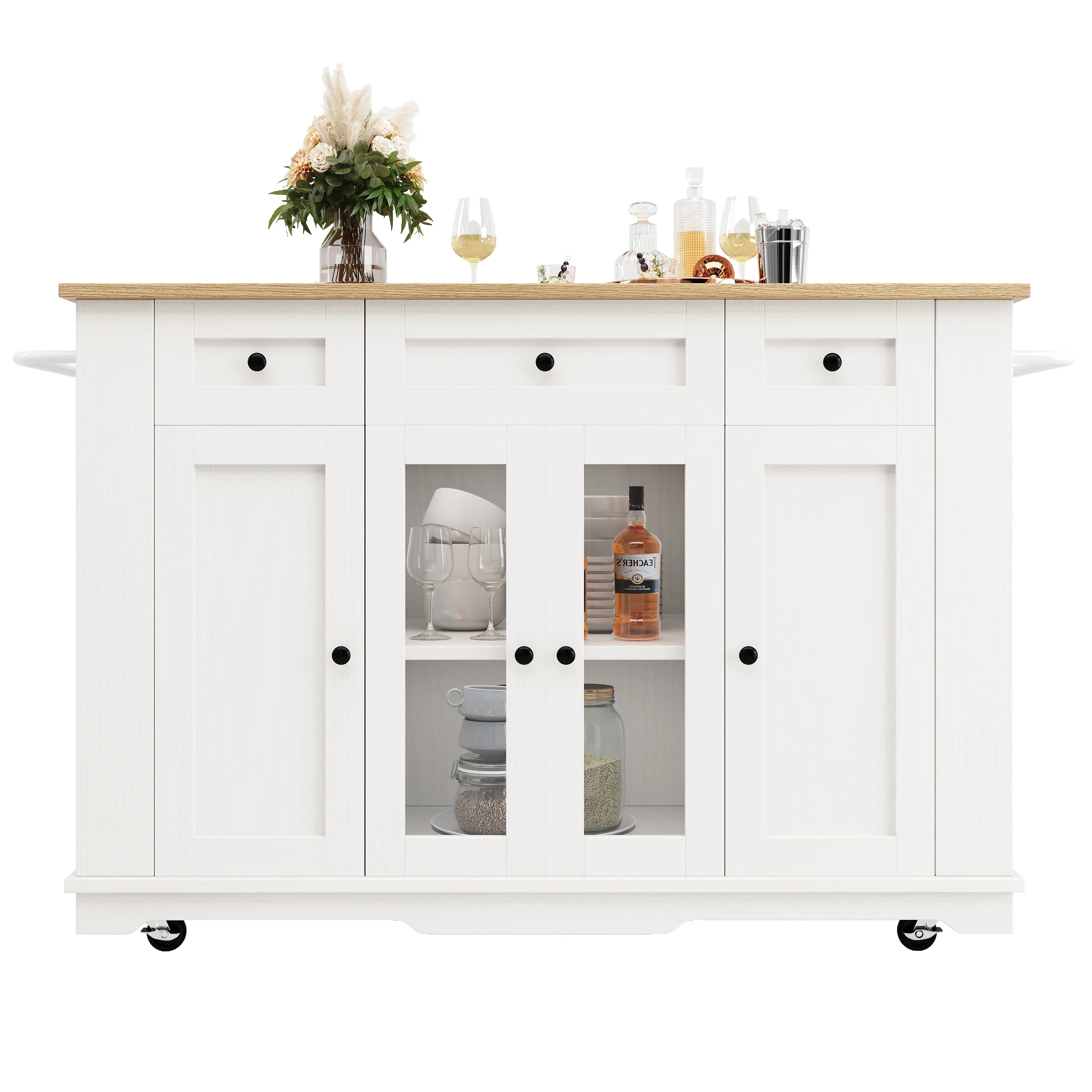 Kitchen Island Cabinet Worktop Storage Tempered Glass White - Image 6