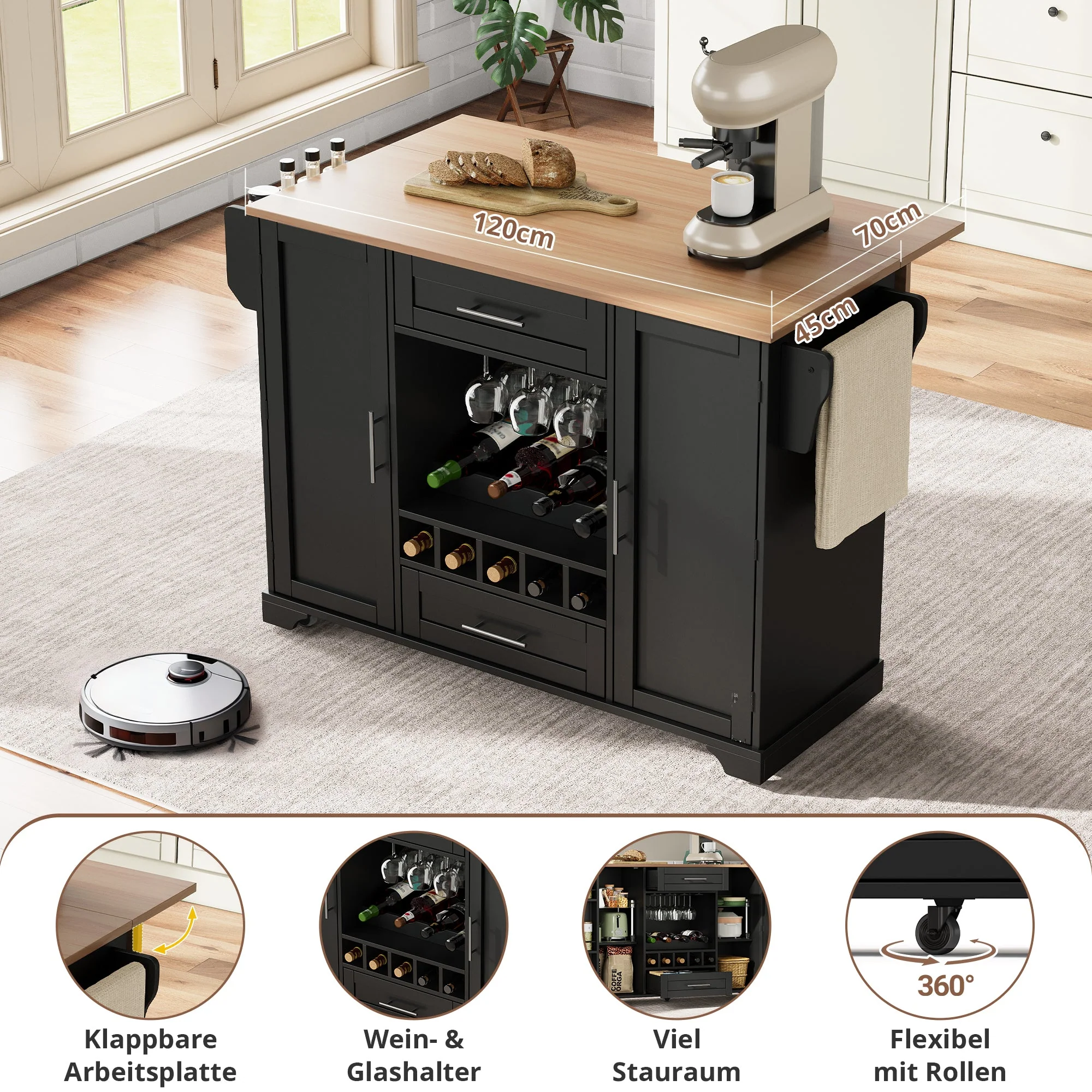 Kitchen Island Cart Folding Worktop Wine Rack Storage - Black - Image 2