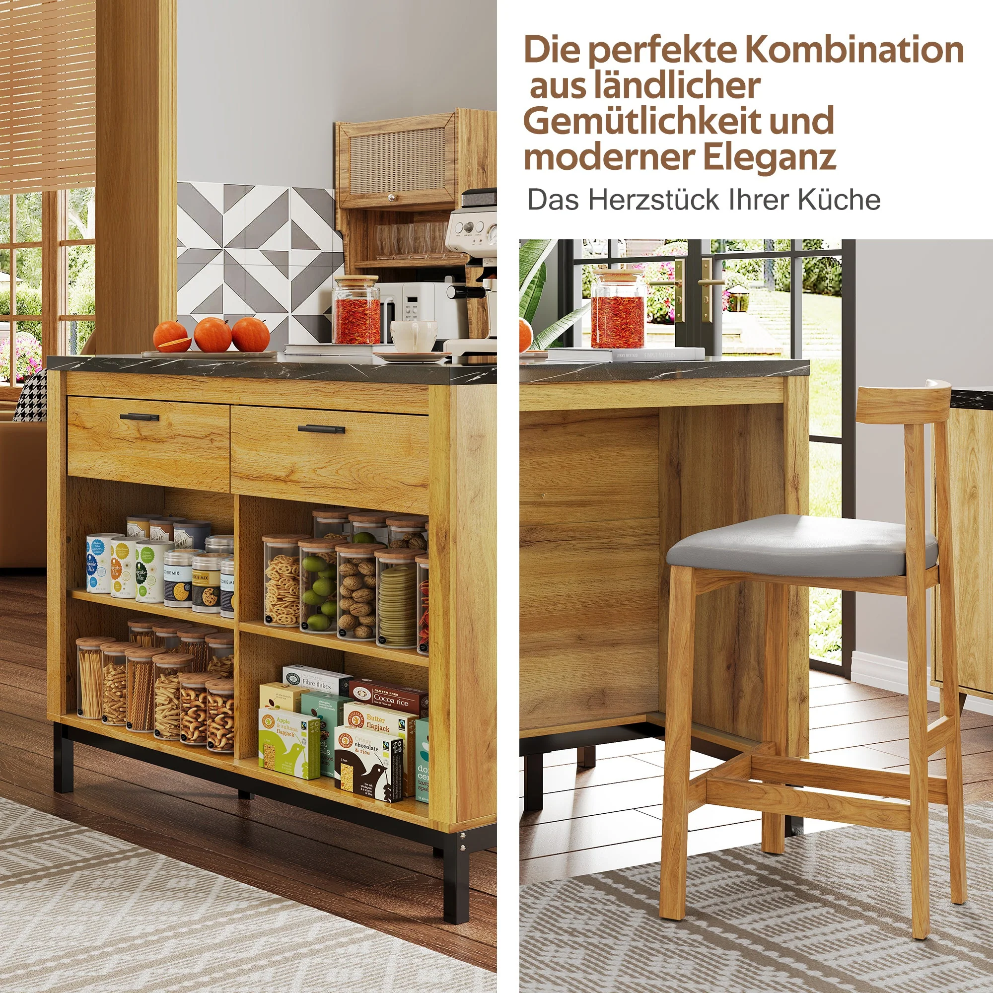 Kitchen Island Country Style 2 Drawers 4 Shelves Bar Area - Oak Wood/Black Marble - Image 3