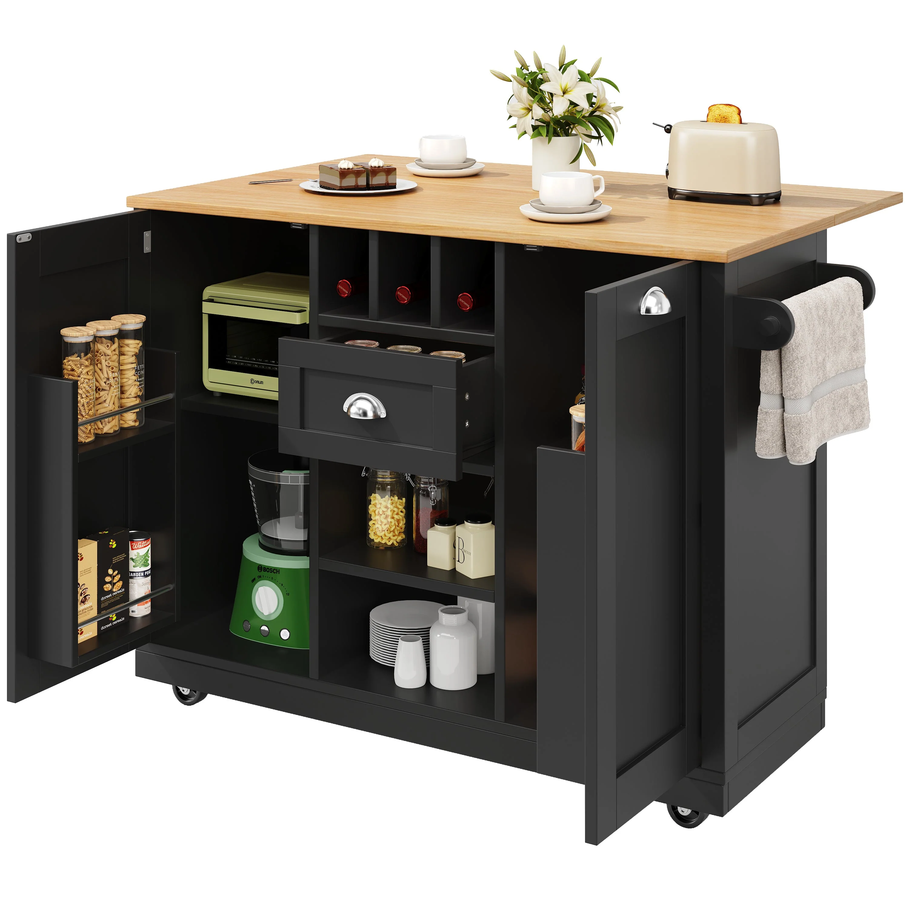 Kitchen Island Dining Trolley with Wine Rack and Casters, Black Wood Grain - Image 10