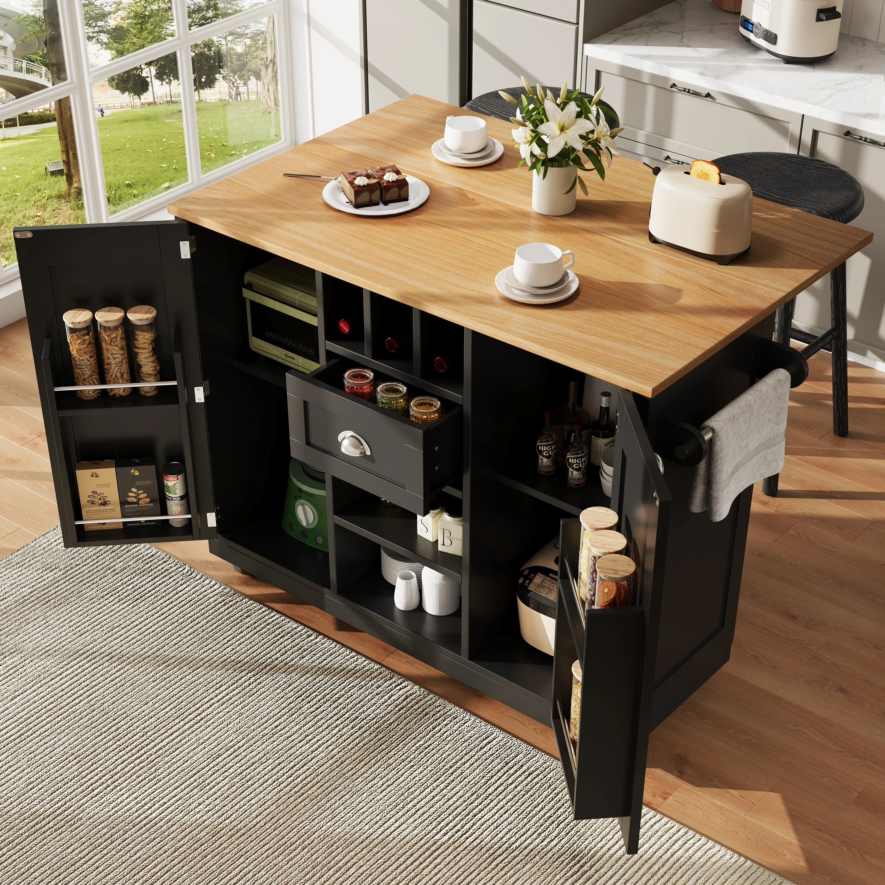 Kitchen Island Dining Trolley with Wine Rack and Casters, Black Wood Grain - Image 2