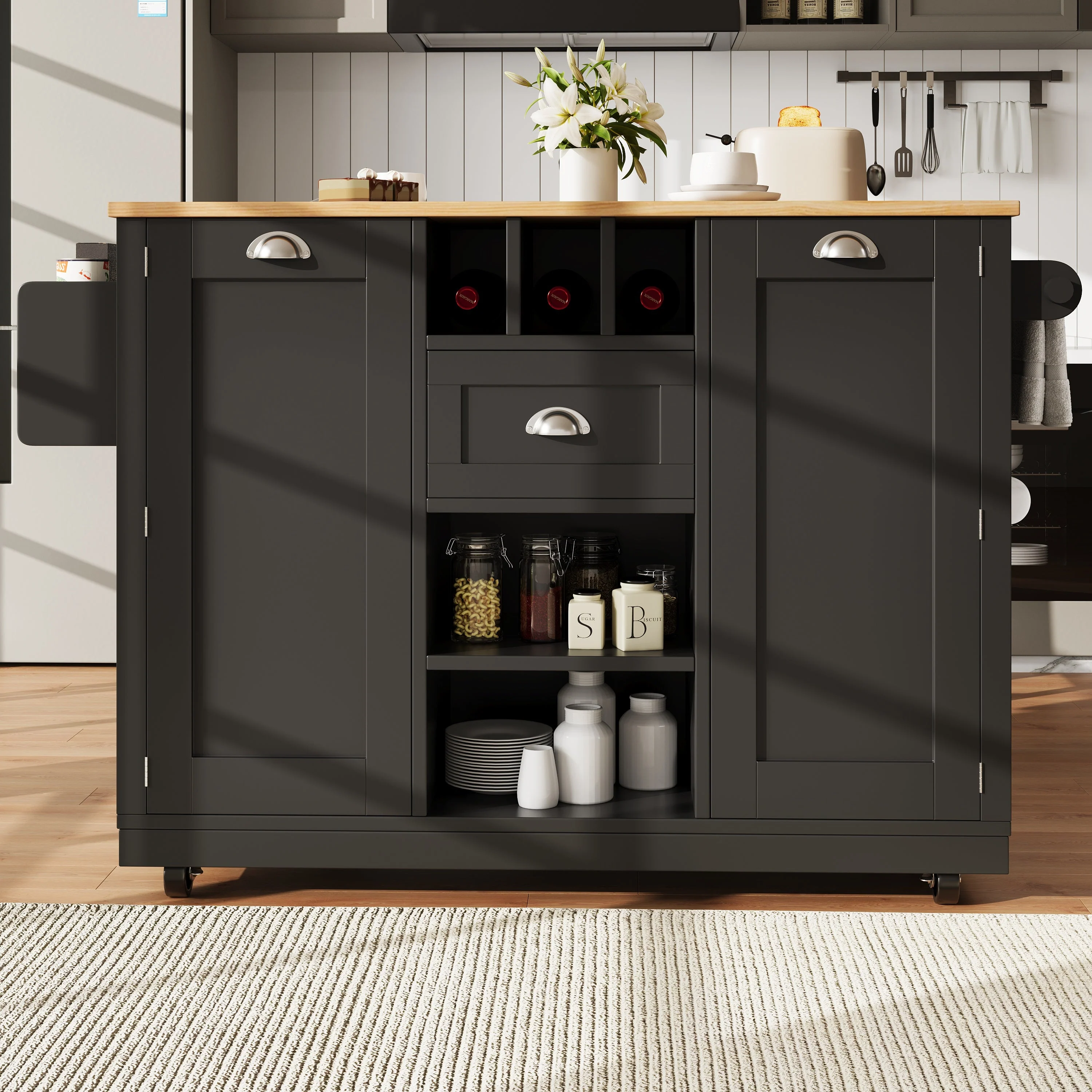 Kitchen Island Dining Trolley with Wine Rack and Casters, Black Wood Grain - Image 4