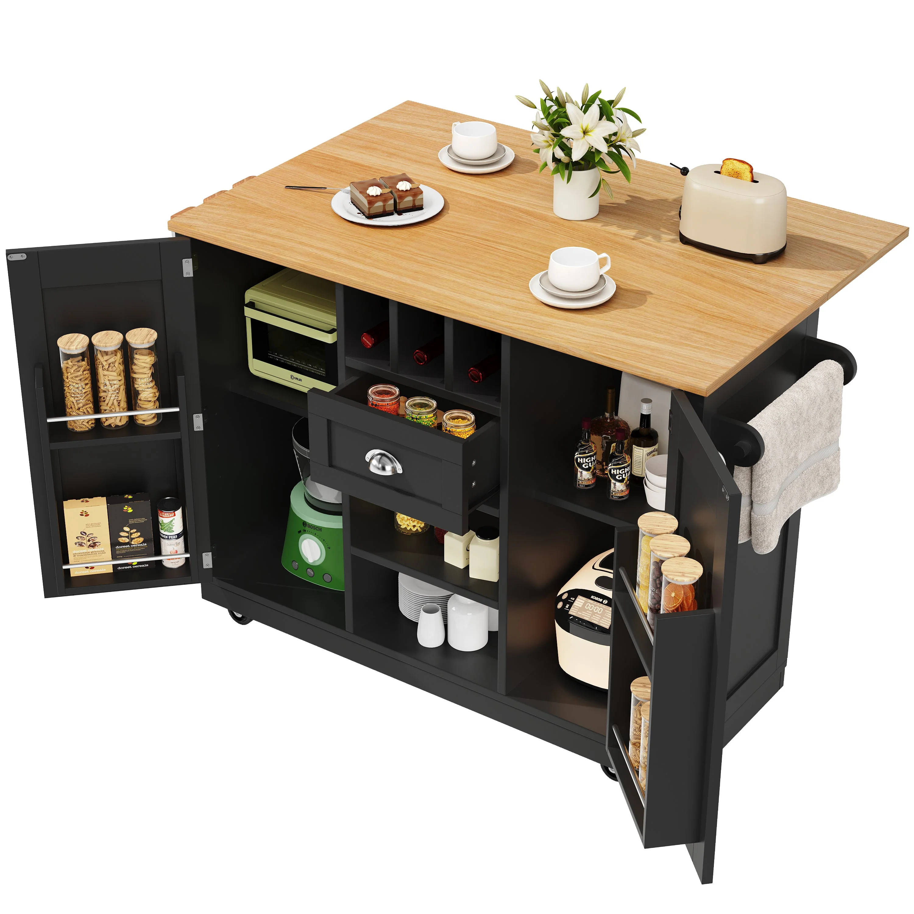 Kitchen Island Dining Trolley with Wine Rack and Casters, Black Wood Grain - Image 8