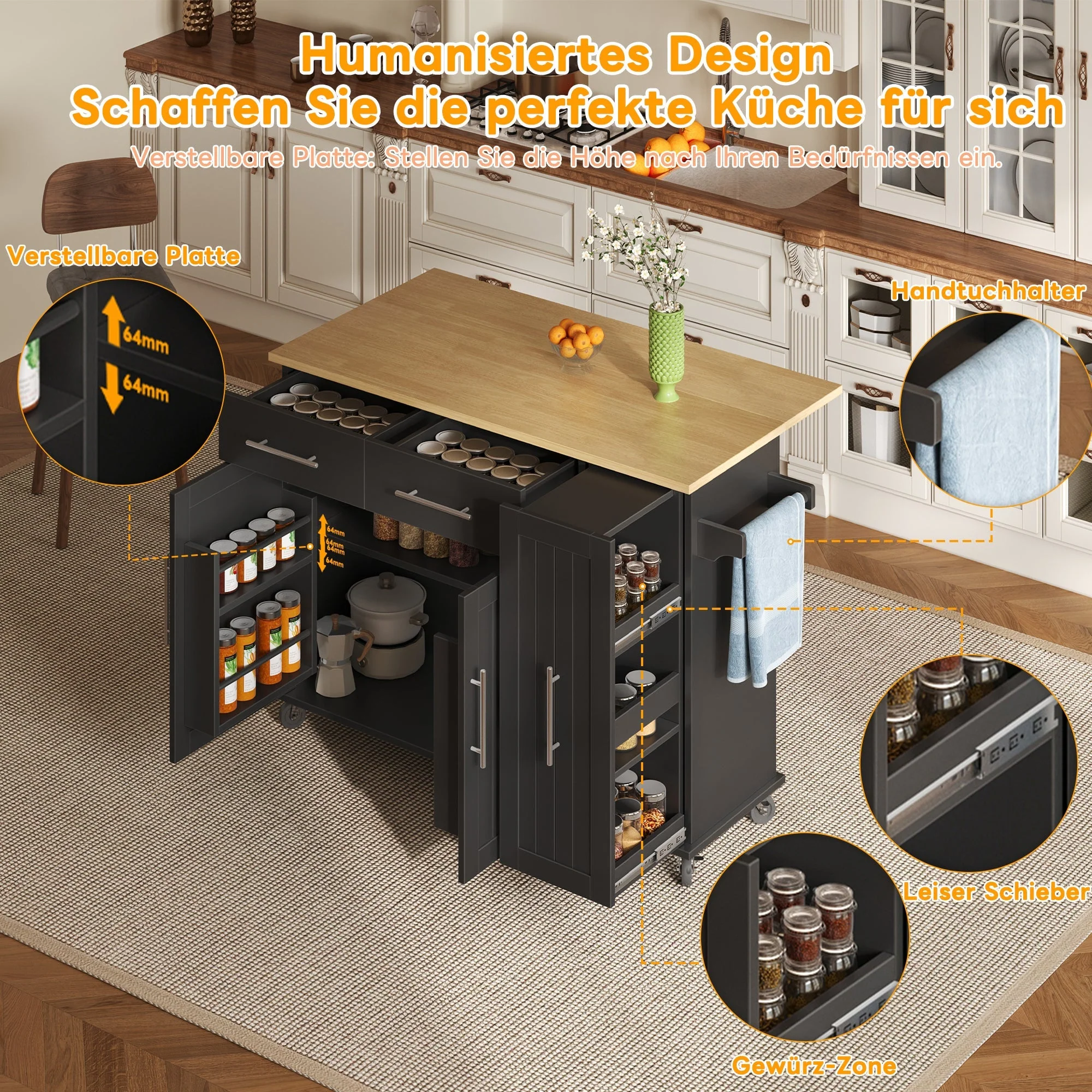 Kitchen Island Drop Leaf Rolling Cart 3-Tier Pull-Out 2 Drawers - Black - Image 5