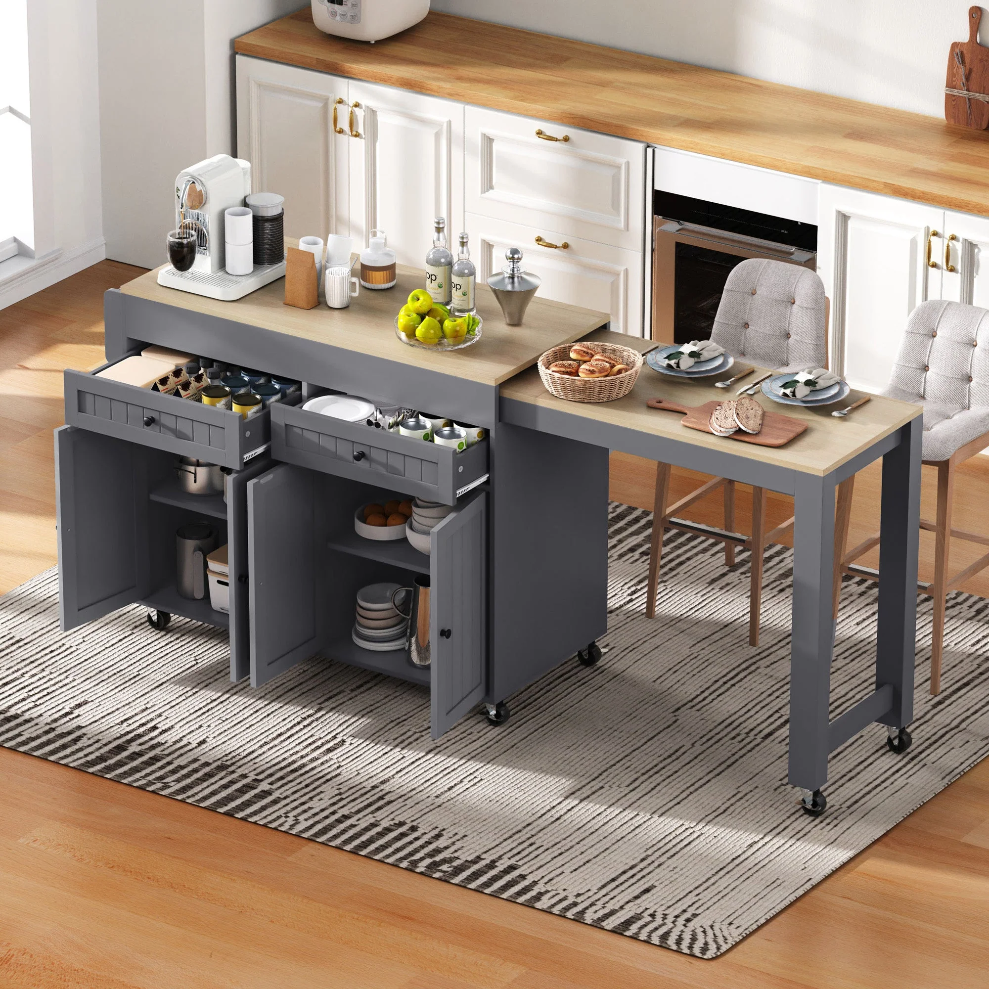 Kitchen Island, Extendable Dining Area Worktop & Drawers, Mobile Freestanding, Gray + Natural